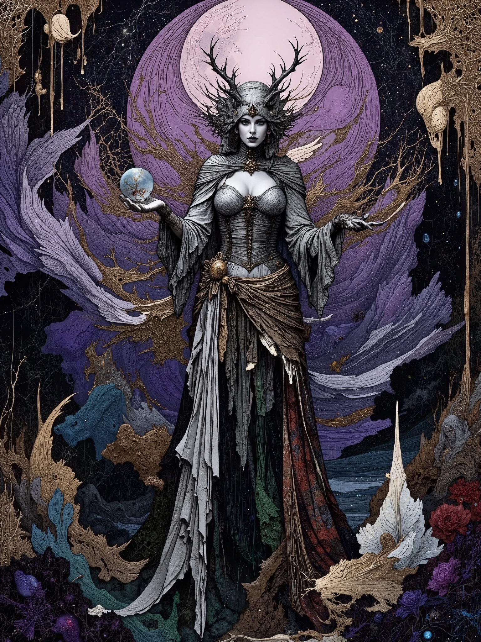 The secret academy of fairies, hidden in a lost dimension between sleep and reality. Fairy students are ethereal creatures with translucent wings. Their skin shimmers like mother–of-pearl, and their eyes are pupil-less, filled with galaxies. They are dressed in Victorian corsets and cloaks made of cobwebs decorated with runes. The teachers are tall, thin figures with antlers or bat wings. Their faces are hidden by masks of living silver that change shape. In his hands are ancient grimoires, the pages of which move like the wings of moths. Academy spirits are ghostly entities in the form of floating masks, shadows with multiple arms, or creatures made of musical notes. Classrooms are tables floating in the air, above which crystal balls with miniature storms inside hang.
A deep mystical twilight, permeated by moonlight with a violet hue. The air is filled with floating drops of elixirs, glowing like living lights.
Gothic romanticism with accents on dramatic lighting, ornate ornaments and melancholic aesthetics. Surrealism manifests itself in the distortion of space (stairs leading to nowhere, doors opening into the void). Psychedelic – in shimmering colors, smooth transformations of objects and the feeling of a "living" background. A mist made up of glitter and ash. Color scheme:
Deep purple, emerald, black and silver tones with accents of blood red, poisonous green and shimmering gold. Mood:
Mysterious, mesmerizing, slightly disturbing, but with a touch of magical grandeur.