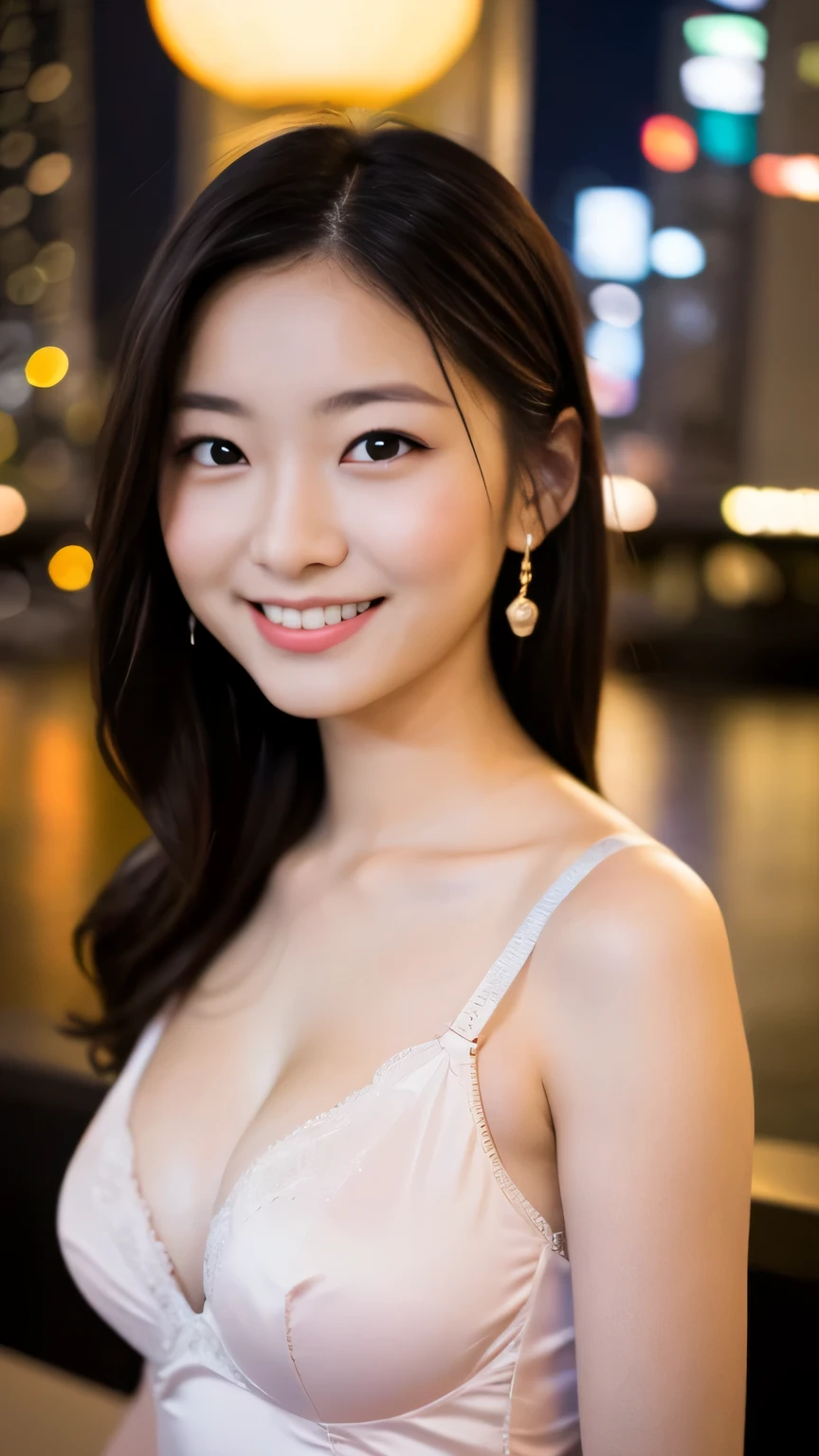One Girl, (strapless micro :1.2), (RAW Photos, highest quality), (Realistic, Photorealistic:1.4), Tabletop, Very delicate and beautiful, Very detailed, 2k wallpaper, wonderful, In detail, Very detailedな CG Unity 8K 壁紙, Very detailedな, High resolution, Soft Light, Beautiful detailed girl, Very detailedな目と顔, Beautifully detailed nose, Beautiful fine details, Cinema Lighting, City lights at night, Perfect , Slender body, smile