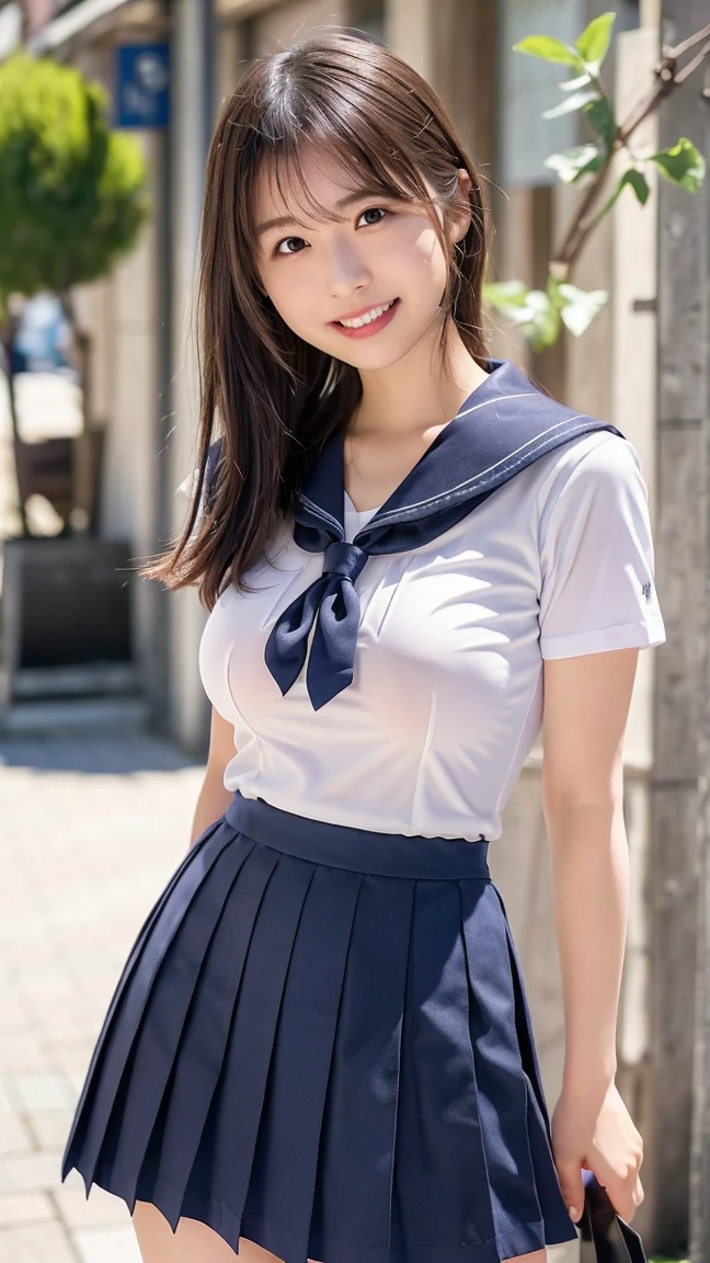 ((top-quality、8K、​masterpiece：1.3))、foco nítido：1.2、Beautiful Women in Perfect Style：1.4、Slender Abs：1.2、((dark brown hair、Colossal tits：1.2))、(natural soft light、City Street:1.1)、Highly detailed facial and skin texture、A detailed eye、二重まぶた、Sexy schoolgirl in miniskirt sailor suit、A slight smil