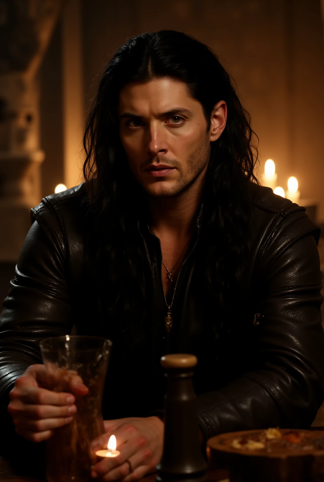 (masterpiece:1.2), (the best quality:1.2), 8K, HDR-10, ultra detailed, ((photorealistic)), professional light, cinematographic lighting, fashion photography, ambient lighting, bottom, Illuminated medieval tavern, luz natural, epiCPhoto, Warmth , a Thief, Young Jensen Ackles' face, long black hair, unkempt and dirty hair, long unkempt and dirty beard, unkempt and dirty appearance, black eyes, Male, bloodstains on clothes, serene expression, athletic body, medieval leather suit , thief clothing RPG, Sitting behind a table, drinking from a wooden jar.