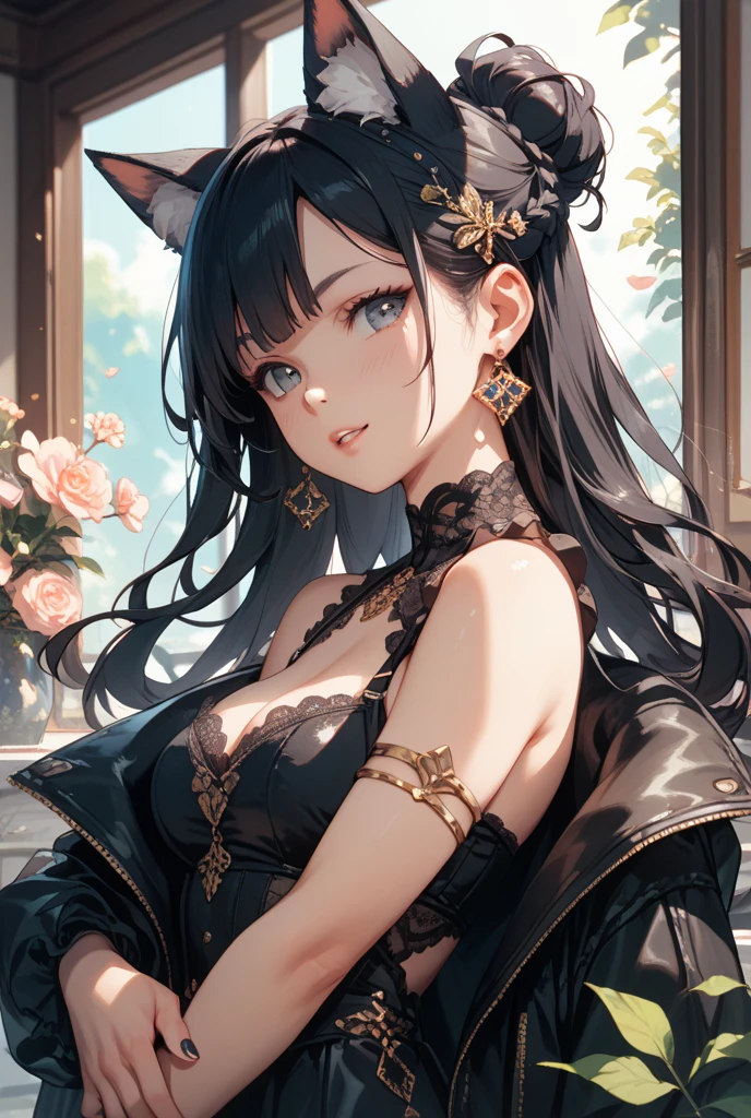 Black blond hair, hazel eyes, older woman, hair jewel ornament, cat ears, long hair, smiling face, bright colors, fantasy clothes, pretty color clothes