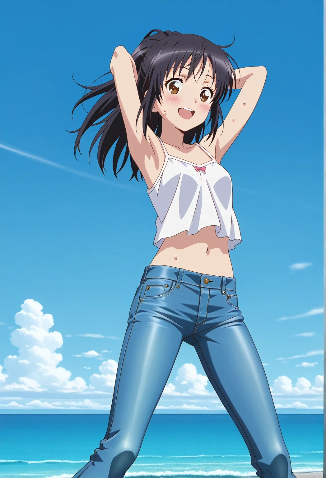 score_9, score_8_up, score_7_up, source_anime, highres, hi res, ((best quality, top quality, perfect quality, Highest Quality, amazing quality)), {{masterpiece}}, {{an extremely delicate and beautiful}}, 2d, intricate details, official style, anime, 8k, anime style, official_anime, official art, digital painting, cell shading, soft shading, high resolution, soothing tones, Subdued Color, Soft cinematic light, adobe lightroom, photolab, HDR, intricately and hyper-detailed, ((high quality animation)), 1 girl, Alone, solo, ((ocean)), tsunami, on the water, day, sunny, outdoors, sky, windy, mitsuha miyamizu, black hair, brown eyes, long hair, anime screencap, small breasts, white camisole top, crop top, white crop top, best quality, hyper-detailed jeans, ((blue jeans:1.9)), (dark blue jeans:0.6), full medium body, medium shot, Open mouth, smiling, happy face, blush, sweat, standing, ((arms behind head:6.0)), bowlegged, sliding pose, action, looking at viewer, spread legs, Bend knees slightly, straight-on front view