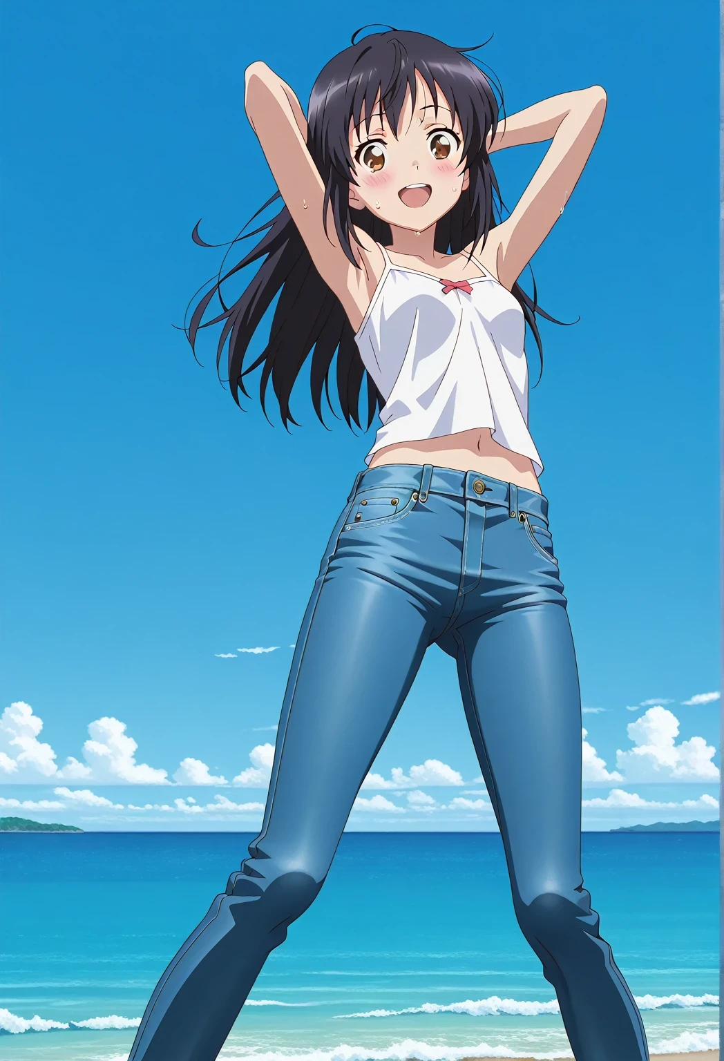 score_9, score_8_up, score_7_up, source_anime, highres, hi res, ((best quality, top quality, perfect quality, Highest Quality, amazing quality)), {{masterpiece}}, {{an extremely delicate and beautiful}}, 2d, intricate details, official style, anime, 8k, anime style, official_anime, official art, digital painting, cell shading, soft shading, high resolution, soothing tones, Subdued Color, Soft cinematic light, adobe lightroom, photolab, HDR, intricately and hyper-detailed, ((high quality animation)), 1 girl, Alone, solo, ((ocean)), tsunami, on the water, day, sunny, outdoors, sky, windy, mitsuha miyamizu, black hair, brown eyes, long hair, anime screencap, small breasts, white camisole top, crop top, white crop top, best quality, hyper-detailed jeans, ((blue jeans:1.9)), (dark blue jeans:0.6), full medium body, medium shot, Open mouth, smiling, happy face, blush, sweat, standing, ((arms behind head:6.0)), bowlegged, jumping pose, action, looking at viewer, spread legs, Bend knees slightly, straight-on front view