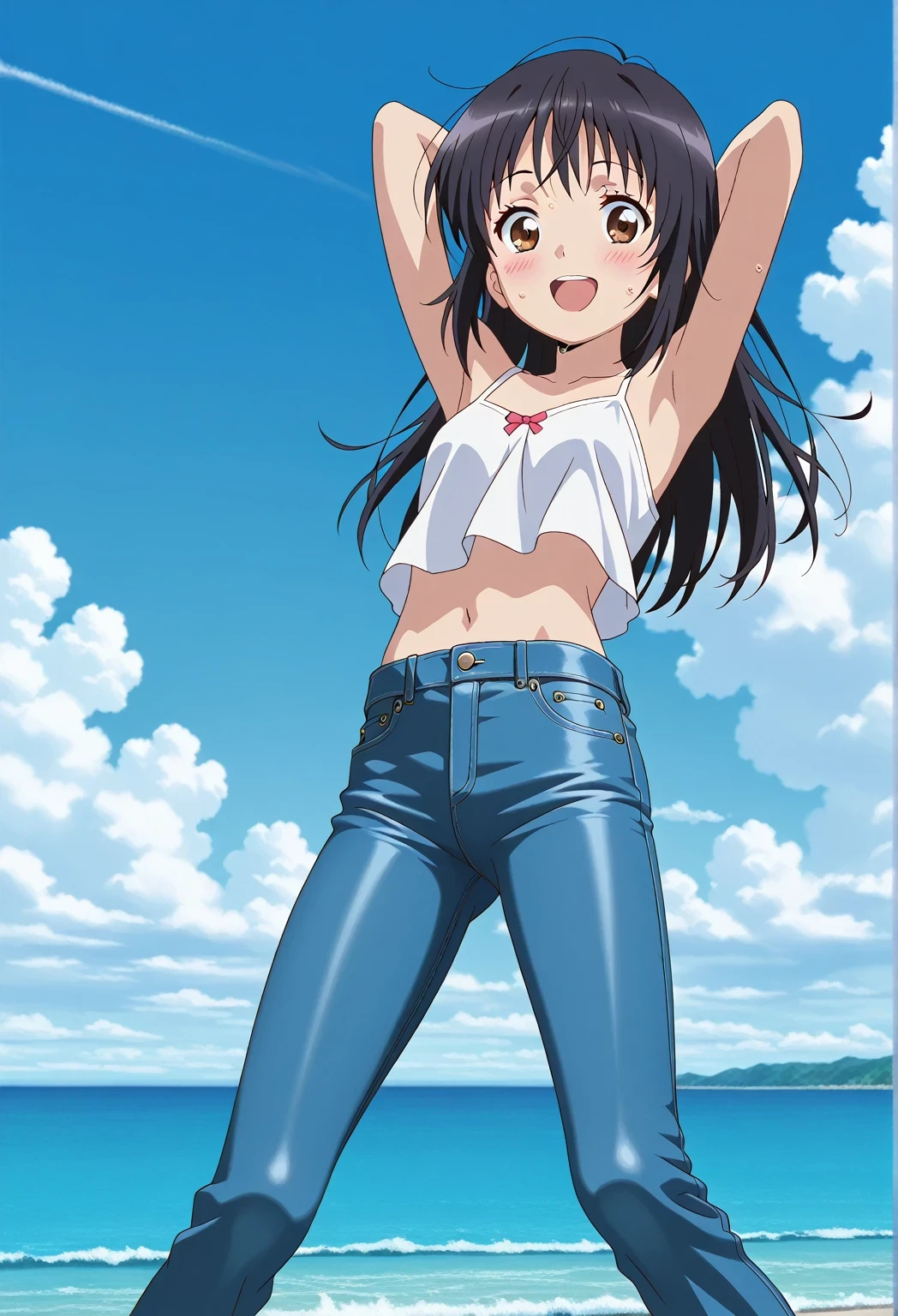 score_9, score_8_up, score_7_up, source_anime, highres, hi res, ((best quality, top quality, perfect quality, Highest Quality, amazing quality)), {{masterpiece}}, {{an extremely delicate and beautiful}}, 2d, intricate details, official style, anime, 8k, anime style, official_anime, official art, digital painting, cell shading, soft shading, high resolution, soothing tones, Subdued Color, Soft cinematic light, adobe lightroom, photolab, HDR, intricately and hyper-detailed, ((high quality animation)), 1 girl, Alone, solo, ((ocean)), tsunami, on the water, day, sunny, outdoors, sky, windy, mitsuha miyamizu, black hair, brown eyes, long hair, anime screencap, small breasts, white camisole top, crop top, white crop top, best quality, hyper-detailed jeans, ((blue jeans:1.9)), (dark blue jeans:0.6), full medium body, medium shot, Open mouth, smiling, happy face, blush, sweat, standing, ((arms behind head:6.0)), bowlegged, sliding pose, action, looking at viewer, spread legs, Bend knees slightly, straight-on front view