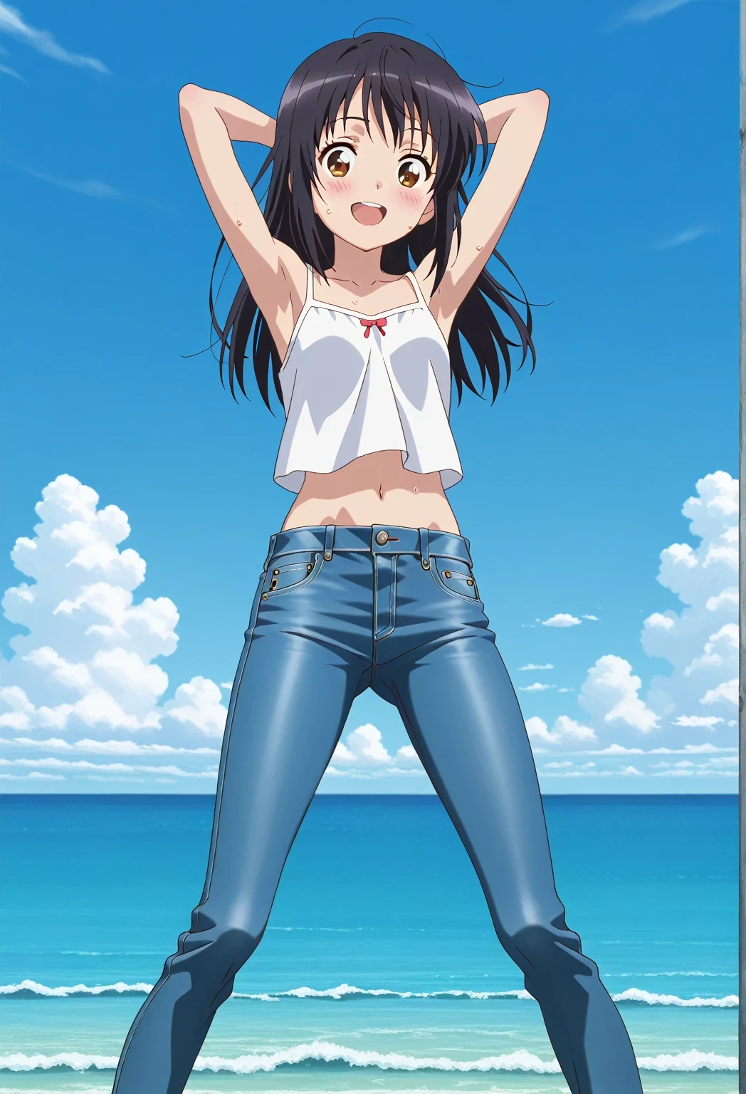score_9, score_8_up, score_7_up, source_anime, highres, hi res, ((best quality, top quality, perfect quality, Highest Quality, amazing quality)), {{masterpiece}}, {{an extremely delicate and beautiful}}, 2d, intricate details, official style, anime, 8k, anime style, official_anime, official art, digital painting, cell shading, soft shading, high resolution, soothing tones, Subdued Color, Soft cinematic light, adobe lightroom, photolab, HDR, intricately and hyper-detailed, ((high quality animation)), 1 girl, Alone, solo, ((ocean)), tsunami, on the water, day, sunny, outdoors, sky, windy, mitsuha miyamizu, black hair, brown eyes, long hair, anime screencap, small breasts, white camisole top, crop top, white crop top, best quality, hyper-detailed jeans, ((blue jeans:1.9)), (dark blue jeans:0.6), full medium body, medium shot, Open mouth, smiling, happy face, blush, sweat, standing, ((arms behind head:6.0)), bowlegged, jumping pose, action, looking at viewer, spread legs, Bend knees slightly, straight-on front view