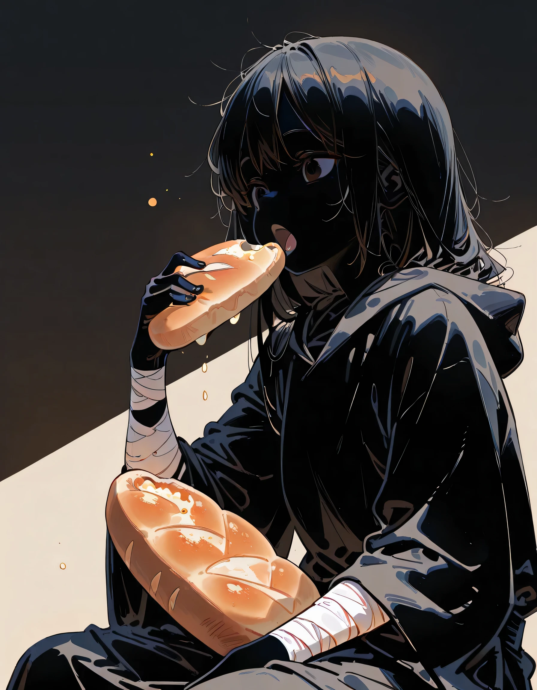 sideview,sitting on earth,solo,portrait,Long messy black hair, black skin, silhouette, black tattered robe, bandage on one arm, looking towards me,soft lineart,flat color, eat munching on stale bread,open mouth eating, A hopeless and decadent worldview,