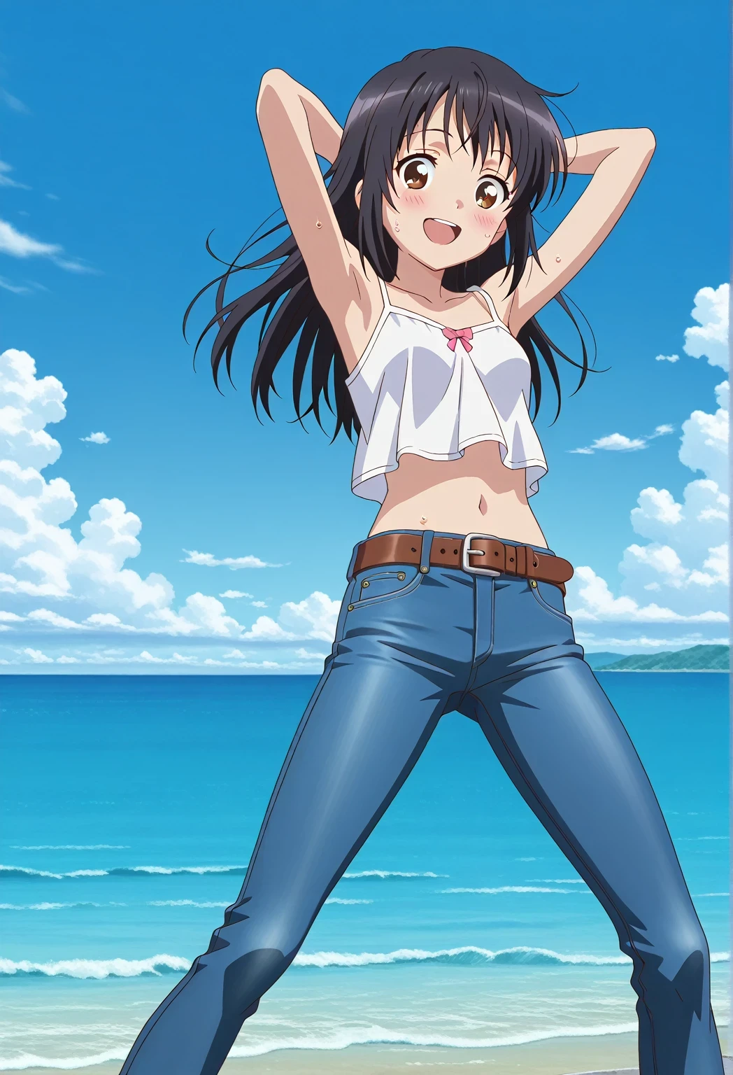score_9, score_8_up, score_7_up, source_anime, highres, hi res, ((best quality, top quality, perfect quality, Highest Quality, amazing quality)), {{masterpiece}}, {{an extremely delicate and beautiful}}, 2d, intricate details, official style, anime, 8k, anime style, official_anime, official art, digital painting, cell shading, soft shading, high resolution, soothing tones, Subdued Color, Soft cinematic light, adobe lightroom, photolab, HDR, intricately and hyper-detailed, ((high quality animation)), 1 girl, Alone, solo, ((ocean)), tsunami, on the water, day, sunny, outdoors, sky, windy, mitsuha miyamizu, black hair, brown eyes, long hair, anime screencap, small breasts, white camisole top, crop top, white crop top, best quality, hyper-detailed jeans, belt, brown belt, ((blue jeans:1.9)), (dark blue jeans:0.6), full medium body, medium shot, Open mouth, smiling, happy face, blush, sweat, standing, ((arms behind head:6.0)), bowlegged, sliding pose, action, looking at viewer, spread legs, Bend knees slightly, straight-on front view