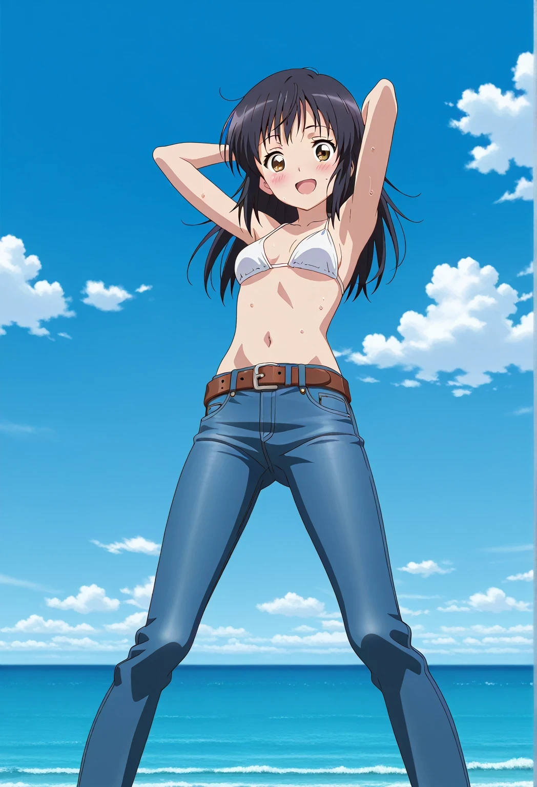 score_9, score_8_up, score_7_up, source_anime, highres, hi res, ((best quality, top quality, perfect quality, Highest Quality, amazing quality)), {{masterpiece}}, {{an extremely delicate and beautiful}}, 2d, intricate details, official style, anime, 8k, anime style, official_anime, official art, digital painting, cell shading, soft shading, high resolution, soothing tones, Subdued Color, Soft cinematic light, adobe lightroom, photolab, HDR, intricately and hyper-detailed, ((high quality animation)), 1 girl, Alone, solo, ((ocean)), tsunami, on the water, day, sunny, outdoors, sky, windy, mitsuha miyamizu, black hair, brown eyes, long hair, anime screencap, small breasts, white bikini top, best quality, hyper-detailed jeans, belt, brown belt, ((blue jeans:1.9)), (dark blue jeans:0.6), full medium body, medium shot, Open mouth, smiling, happy face, blush, sweat, standing, ((arms behind head:6.0)), bowlegged, sliding pose, action, looking at viewer, spread legs, Bend knees slightly, straight-on front view