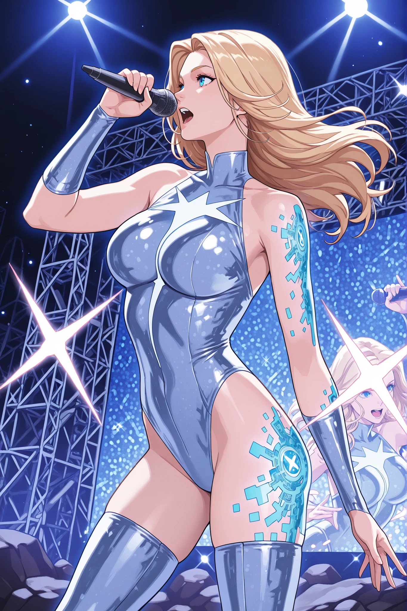 1girl, Character, Dazzler, blue eyes, blonde hair,fair skin, _large_breasts_, alternate costume 1, crystal clothes, asymmetrical clothes, sleeveless  leotard, dazzler symbol, high collar, thigh boots,_cleavage_, glowing circuit tattoos, holding microphone, singing, rock stage, laser lights, holograms, bokeh, X-Men ‘97 art style