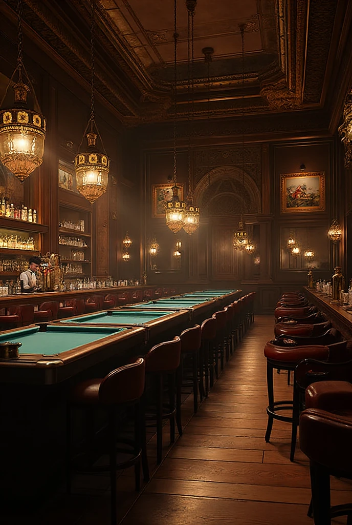 Forgotten game room, a pool table with a torn mat and scattered , a rusty old jukebox, bar chairs with torn cushions, walls decorated with faded and torn posters, ground covered in ashes and remains of broken glass, unlit neon lights hanging from the ceiling