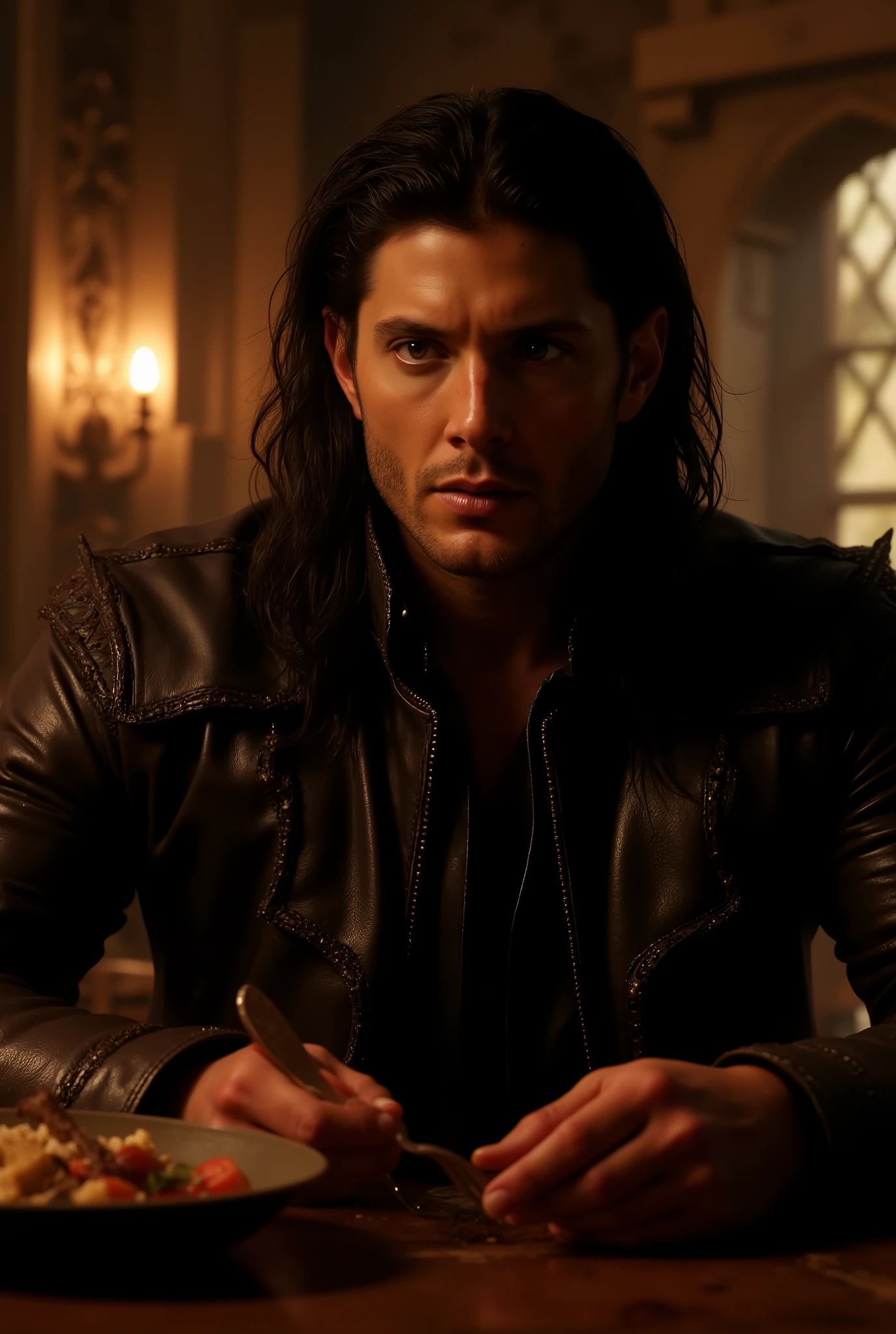 (masterpiece:1.2), (the best quality:1.2), 8K, HDR-10, ultra detailed, ((photorealistic)), professional light, cinematographic lighting, fashion photography, ambient lighting, bottom, Illuminated medieval tavern, luz natural, epiCPhoto, heat ,  a thief , Face of young Jensen Ackles, long black hair,  unkempt and dirty hair , barba larga, sloppy and dirty, unkempt and dirty look, black eyes, eyes, bloodstains on clothes, serene expression, athletic body, medieval leather suit , thief clothing RPG, sitting behind a table, eating a bite with a fork in his hand.