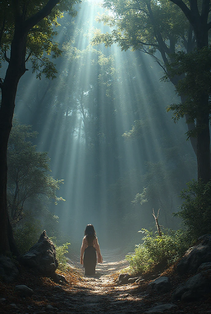 Meditation scene in nature: A person sitting in the lotus position in the middle of a forest clearing, with rays of sun filtering through the trees. Soft, dispersed light for a feeling of peace.
