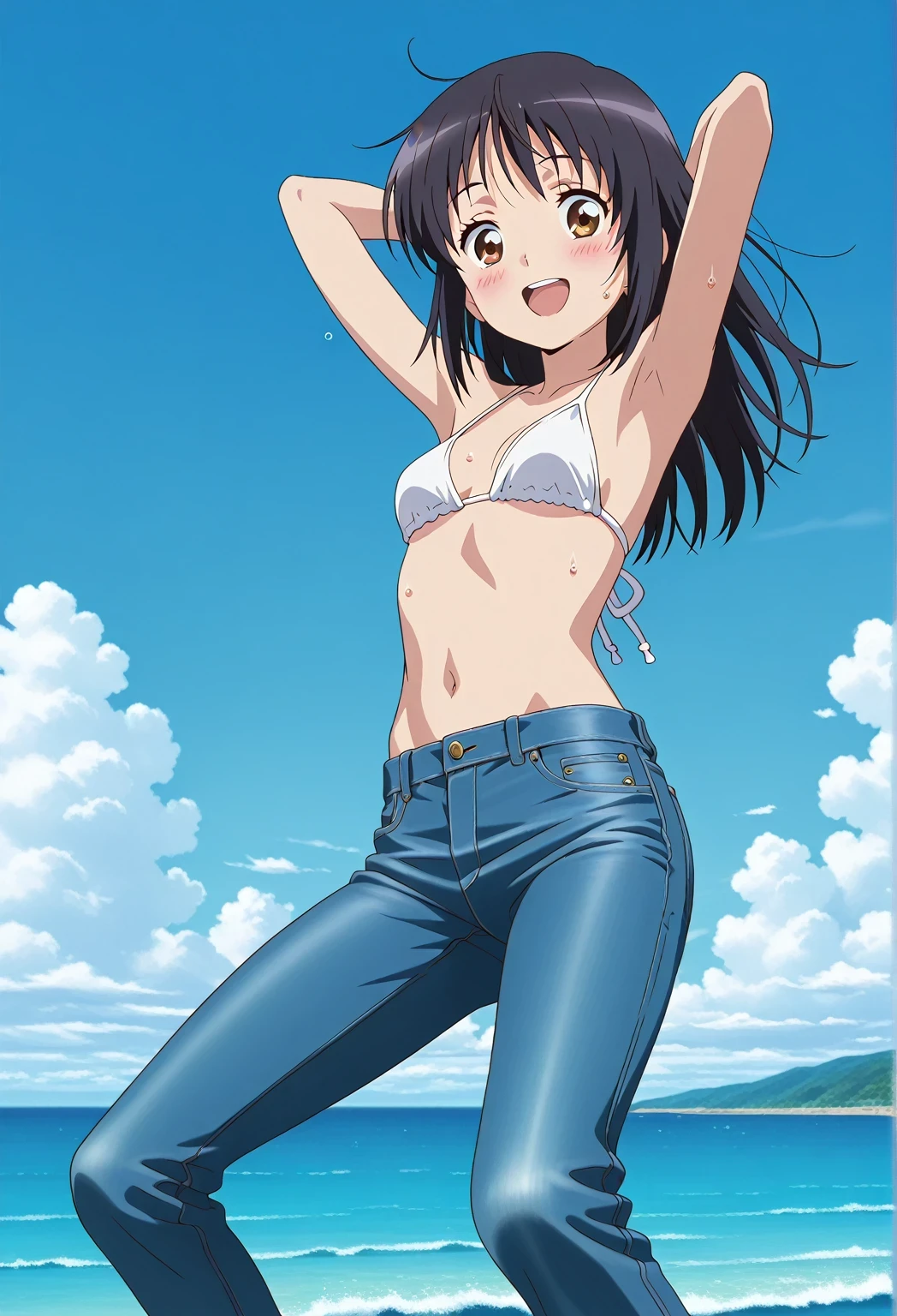 score_9, score_8_up, score_7_up, source_anime, highres, hi res, ((best quality, top quality, perfect quality, Highest Quality, amazing quality)), {{masterpiece}}, {{an extremely delicate and beautiful}}, 2d, intricate details, official style, anime, 8k, anime style, official_anime, official art, digital painting, cell shading, soft shading, high resolution, soothing tones, Subdued Color, Soft cinematic light, adobe lightroom, photolab, HDR, intricately and hyper-detailed, ((high quality animation)), 1 girl, Alone, solo, ((ocean)), tsunami, on the water, day, sunny, outdoors, sky, windy, mitsuha miyamizu, black hair, brown eyes, long hair, anime screencap, small breasts, white bikini top, best quality, hyper-detailed jeans, ((blue jeans:1.9)), (dark blue jeans:0.6), full medium body, medium shot, Open mouth, smiling, happy face, blush, sweat, standing, ((arms behind head:6.0)), bowlegged, jumping pose, action, looking at viewer, spread legs, Bend knees slightly, straight-on front view