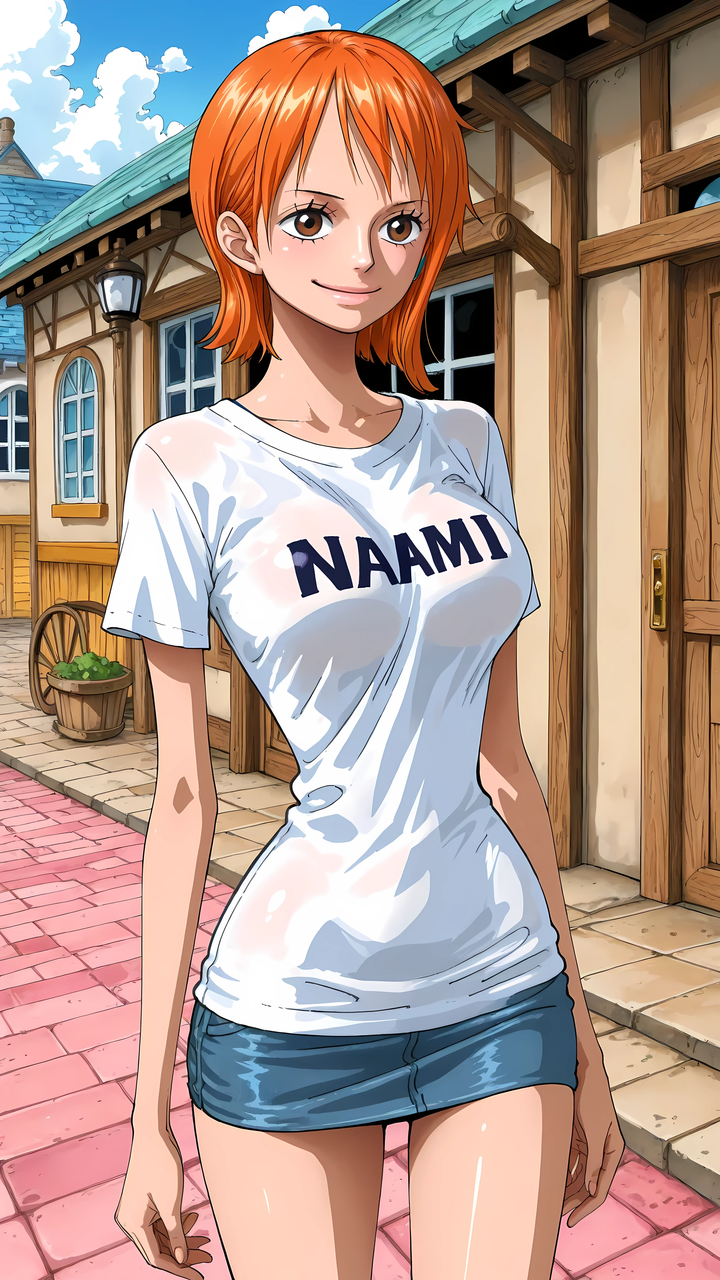 (masterpiece,best quality:1.2,amazing quality,very aesthetic, absurdres, newest), (anime coloring), official style,(nami ,one piece), 1girl,solo,(skinny:1.2), medium breasts,short hair,smile,t-shirt,short sleeves,miniskirt,standing, A country town,