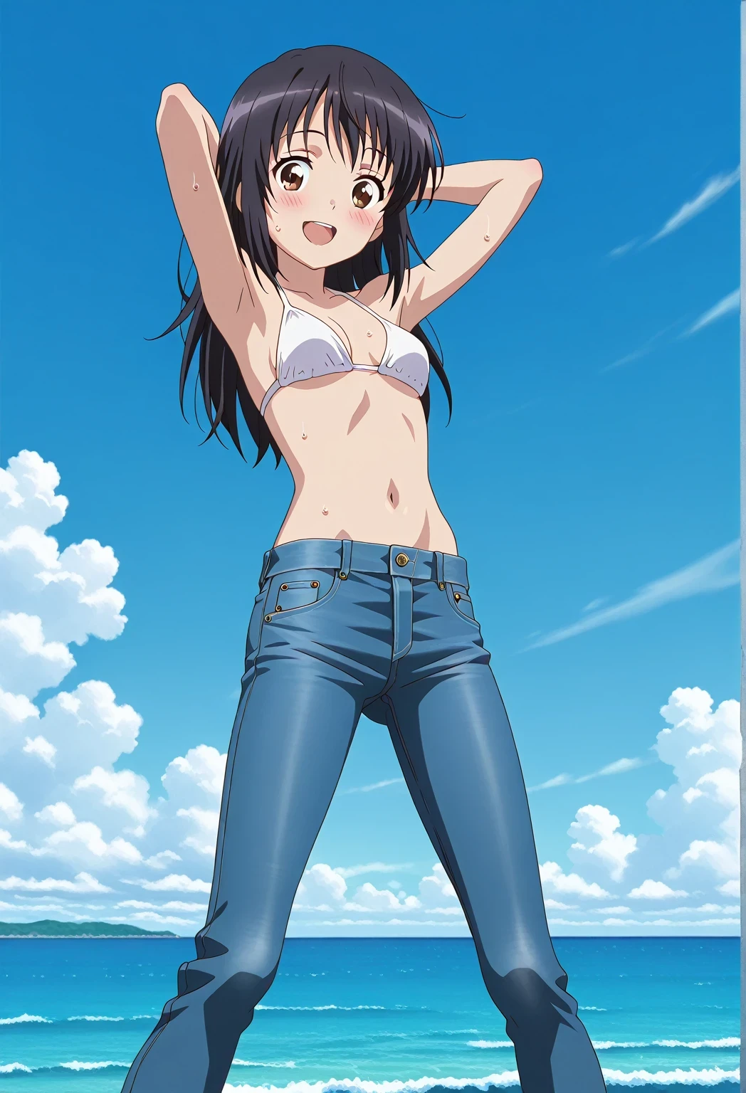 score_9, score_8_up, score_7_up, source_anime, highres, hi res, ((best quality, top quality, perfect quality, Highest Quality, amazing quality)), {{masterpiece}}, {{an extremely delicate and beautiful}}, 2d, intricate details, official style, anime, 8k, anime style, official_anime, official art, digital painting, cell shading, soft shading, high resolution, soothing tones, Subdued Color, Soft cinematic light, adobe lightroom, photolab, HDR, intricately and hyper-detailed, ((high quality animation)), 1 girl, Alone, solo, ((ocean)), tsunami, on the water, day, sunny, outdoors, sky, windy, mitsuha miyamizu, black hair, brown eyes, long hair, anime screencap, small breasts, white bikini top, best quality, hyper-detailed jeans, ((blue jeans:1.9)), (dark blue jeans:0.6), full medium body, medium shot, Open mouth, smiling, happy face, blush, sweat, standing, ((arms behind head:6.0)), bowlegged, sliding pose, action, looking at viewer, spread legs, Bend knees slightly, straight-on front view