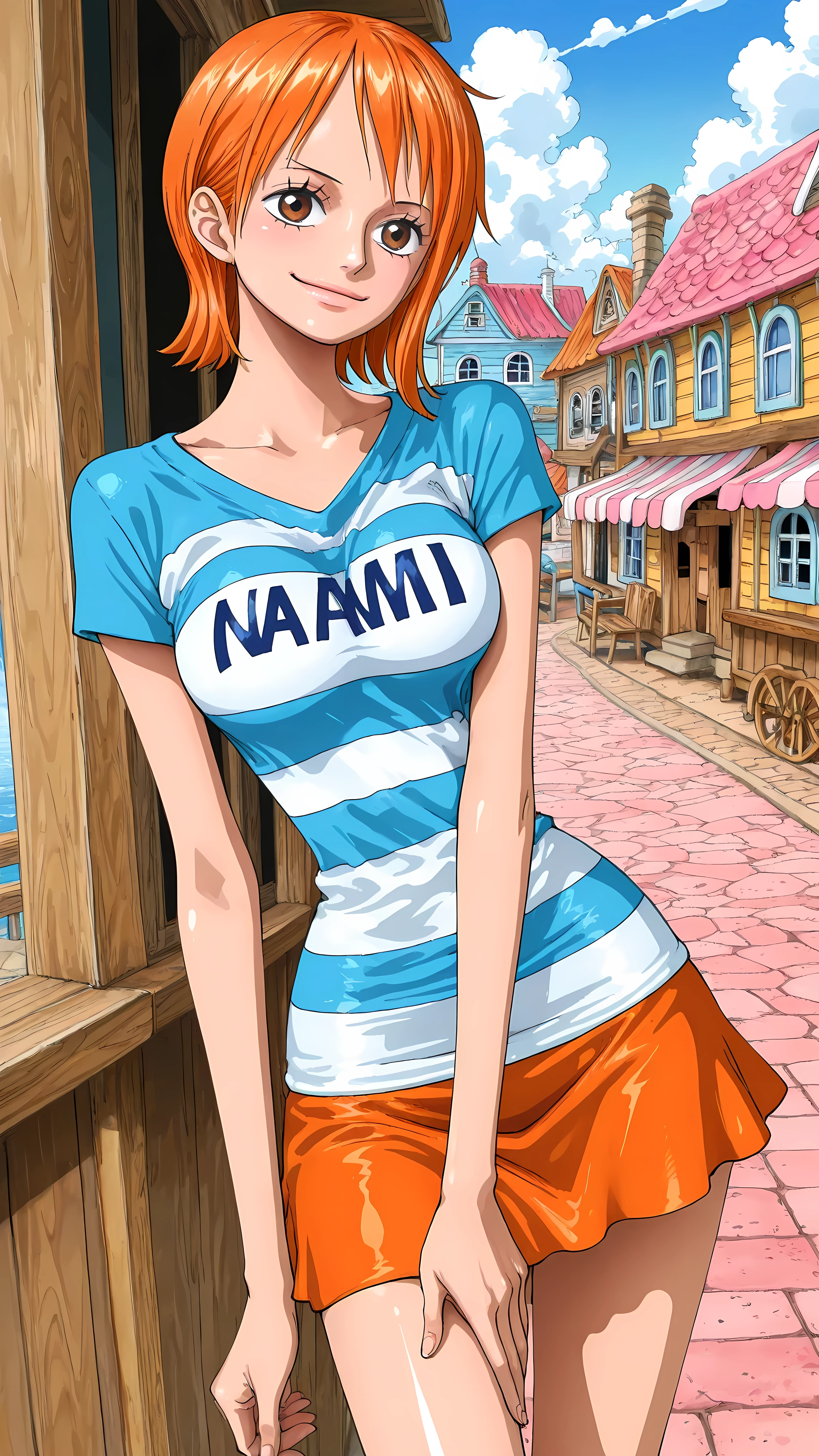 (masterpiece,best quality:1.2,amazing quality,very aesthetic, absurdres, newest), (anime coloring), official style,(nami ,one piece), 1girl,solo,(skinny:1.2), medium breasts,short hair,smile, Blue striped t-shirt,short sleeves,miniskirt,orange  skirt,standing, A country town,