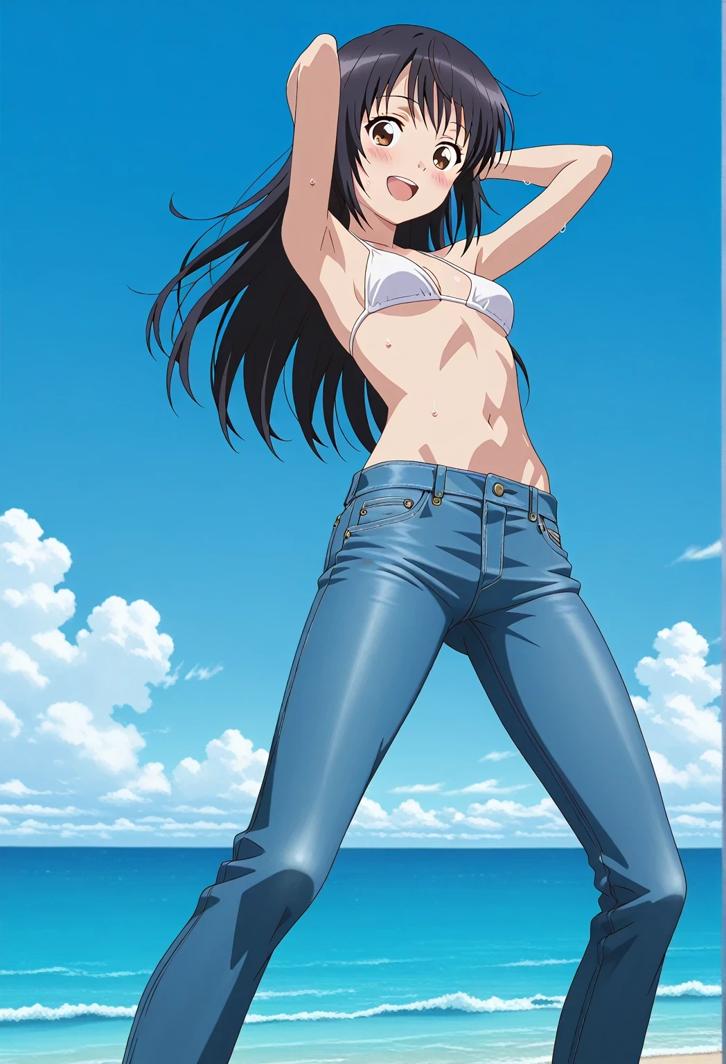 score_9, score_8_up, score_7_up, source_anime, highres, hi res, ((best quality, top quality, perfect quality, Highest Quality, amazing quality)), {{masterpiece}}, {{an extremely delicate and beautiful}}, 2d, intricate details, official style, anime, 8k, anime style, official_anime, official art, digital painting, cell shading, soft shading, high resolution, soothing tones, Subdued Color, Soft cinematic light, adobe lightroom, photolab, HDR, intricately and hyper-detailed, ((high quality animation)), 1 girl, Alone, solo, ((ocean)), tsunami, on the water, day, sunny, outdoors, sky, windy, mitsuha miyamizu, black hair, brown eyes, long hair, anime screencap, small breasts, white bikini top, best quality, hyper-detailed jeans, ((blue jeans:1.9)), (dark blue jeans:0.6), full medium body, medium shot, Open mouth, smiling, happy face, blush, sweat, standing, ((arms behind head:6.0)), bowlegged, sliding pose, action, looking at viewer, spread legs, Bend knees slightly, straight-on front view
