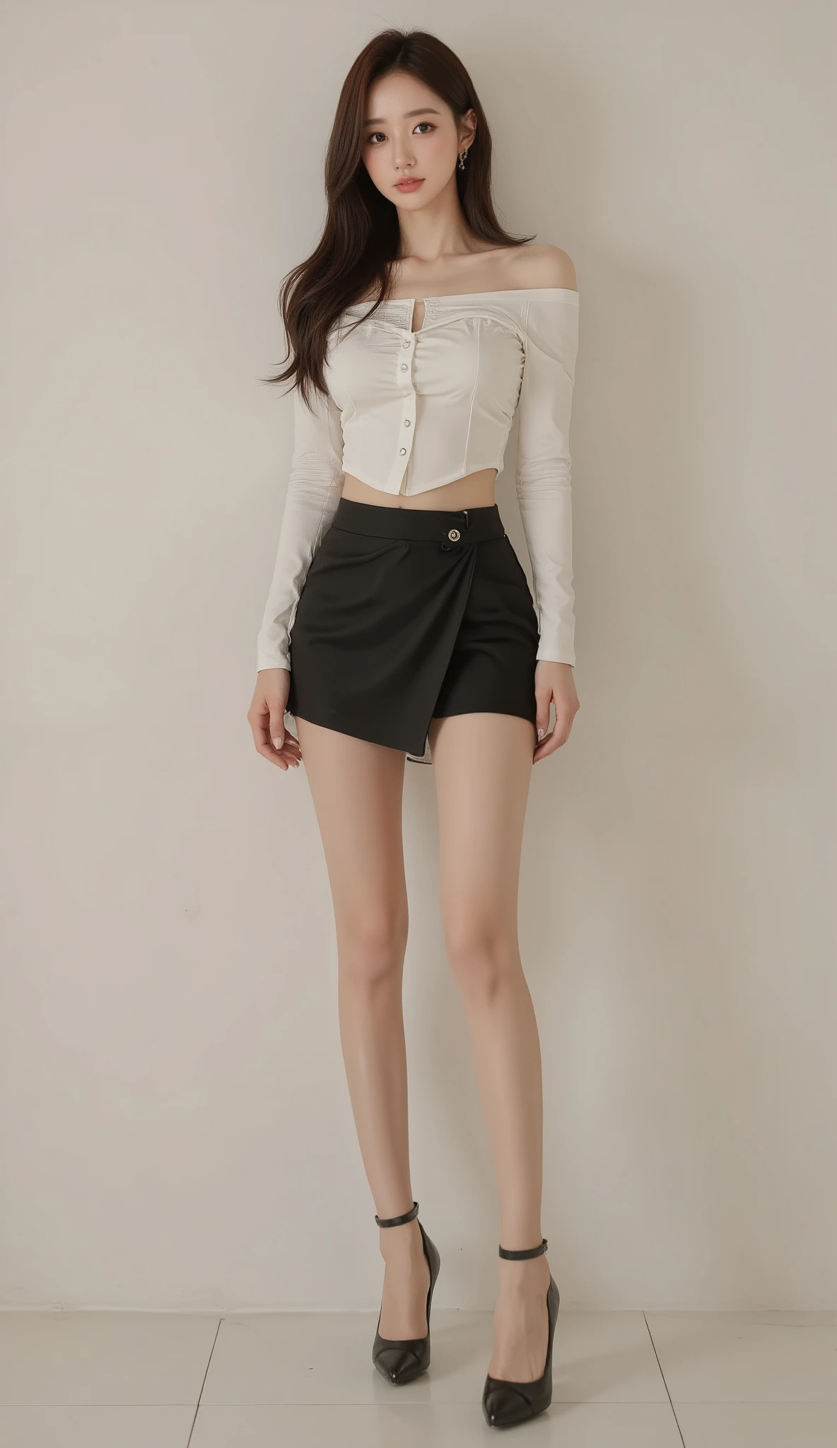 (whole body:1.5), (random single-color background: 1.5), (sexy pose: 1.5), (Off-shoulder: 1.5), (super mini skirt), Korean model fashion, fashion model posing, ((9 head tall supermodel body shape)), UHD, Naturalistic, Photorealistic, masterpiece, ultra high resolution, anatomically correct, 8k, 8k portrait, super detail, high quality, best quality, high-res, high details, (intricate details:1.4), (RAW photo, Photo real: 1.4), octane rendering, Ultra-detailed complex 3D renderings, soft light in the studio, rim light, vivid details, super detail, realistic skin texture, Picture-Perfect, Close-to-reality, True-to-life Details, photo mapping, Highly detailed CG Unity 16k wallpaper, compensate, Overall image, Nikon SLR camera, Focus aperture F.2, Focal length 85mm, Japanese beautiful woman, Korean model, K-pop star, K-POP idol, KPOP Costumes, rough skin: 1.5, 1 girl, alone: 1.5, natural makeup, Raw legs, high heels, long brown hair, expensive, Height is 170 cm, long legs: 1.2, (F-cup breasts), beautiful face: 1.3, Detailed female pubic shape is clearly visible: 1.3, pubic hair: 1.3, Natural little smile, look at the camera,