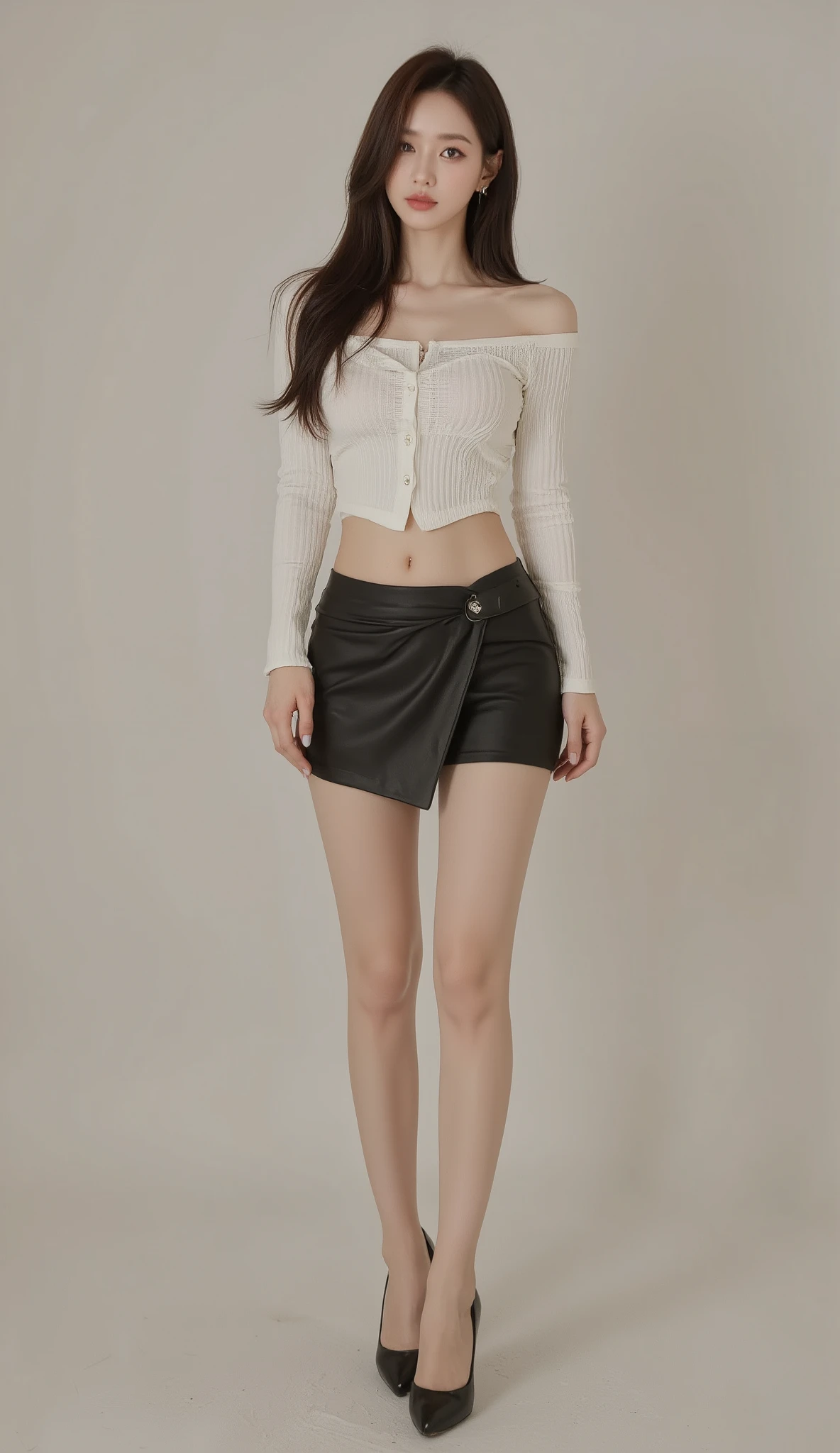 (whole body:1.5), (random single-color background: 1.5), (sexy pose: 1.5), (Off-shoulder: 1.5), (super mini skirt), Korean model fashion, fashion model posing, ((9 head tall supermodel body shape)), UHD, Naturalistic, Photorealistic, masterpiece, ultra high resolution, anatomically correct, 8k, 8k portrait, super detail, high quality, best quality, high-res, high details, (intricate details:1.4), (RAW photo, Photo real: 1.4), octane rendering, Ultra-detailed complex 3D renderings, soft light in the studio, rim light, vivid details, super detail, realistic skin texture, Picture-Perfect, Close-to-reality, True-to-life Details, photo mapping, Highly detailed CG Unity 16k wallpaper, compensate, Overall image, Nikon SLR camera, Focus aperture F.2, Focal length 85mm, Japanese beautiful woman, Korean model, K-pop star, K-POP idol, KPOP Costumes, rough skin: 1.5, 1 girl, alone: 1.5, natural makeup, Raw legs, high heels, long brown hair, expensive, Height is 170 cm, long legs: 1.2, (F-cup breasts), beautiful face: 1.3, Detailed female pubic shape is clearly visible: 1.3, pubic hair: 1.3, Natural little smile, look at the camera,