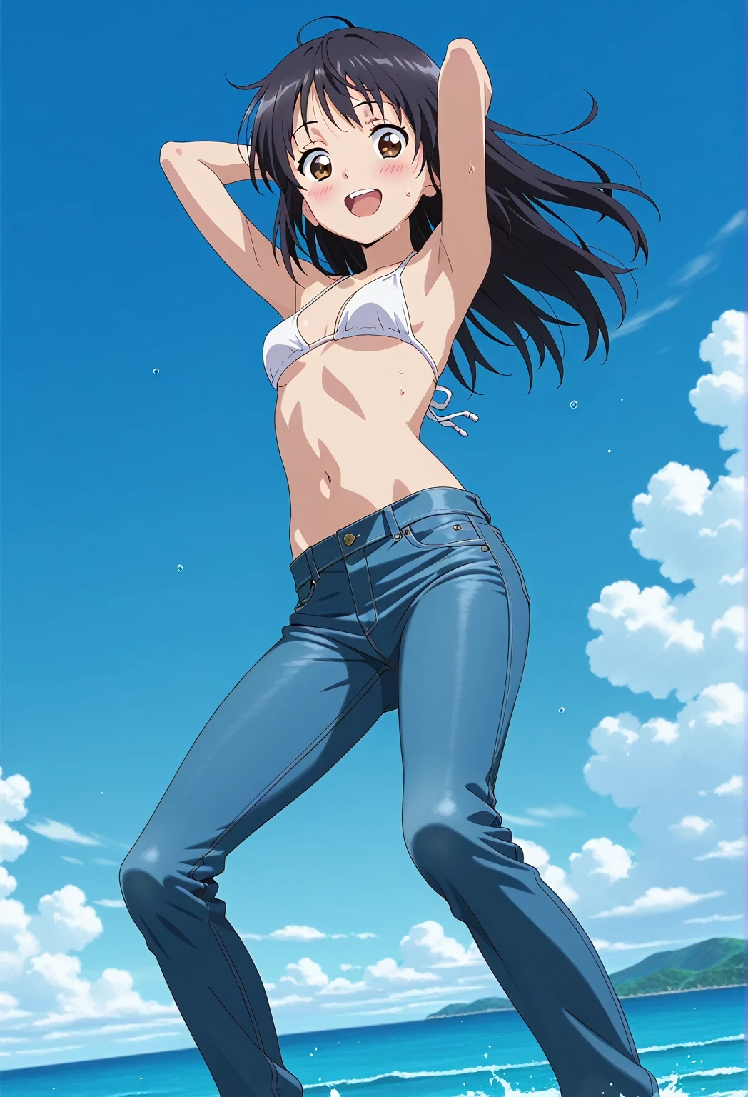 score_9, score_8_up, score_7_up, source_anime, highres, hi res, ((best quality, top quality, perfect quality, Highest Quality, amazing quality)), {{masterpiece}}, {{an extremely delicate and beautiful}}, 2d, intricate details, official style, anime, 8k, anime style, official_anime, official art, digital painting, cell shading, soft shading, high resolution, soothing tones, Subdued Color, Soft cinematic light, adobe lightroom, photolab, HDR, intricately and hyper-detailed, ((high quality animation)), 1 girl, Alone, solo, ((ocean)), tsunami, on the water, day, sunny, outdoors, sky, windy, mitsuha miyamizu, black hair, brown eyes, long hair, anime screencap, small breasts, white bikini top, best quality, hyper-detailed jeans, ((blue jeans:1.9)), (dark blue jeans:0.6), full medium body, medium shot, Open mouth, smiling, happy face, blush, sweat, standing, ((arms behind head:6.0)), bowlegged, jumping pose, action, looking at viewer, spread legs, Bend knees slightly, straight-on front view