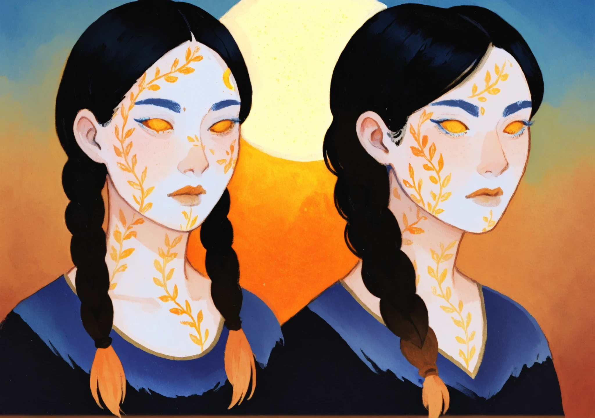 gouache portrait of 1girl, digital painting, hand-painted gouache illustration, warm orange and golden tones, smooth painterly brushstrokes, expressive eyes, bold eyebrows, flowing black hair with leaf ornaments, floral tattoo on shoulder, soft shading, matte finish, abstract gradient background with crescent moon, storybook aesthetic, masterpiece, best quality, illustrious
