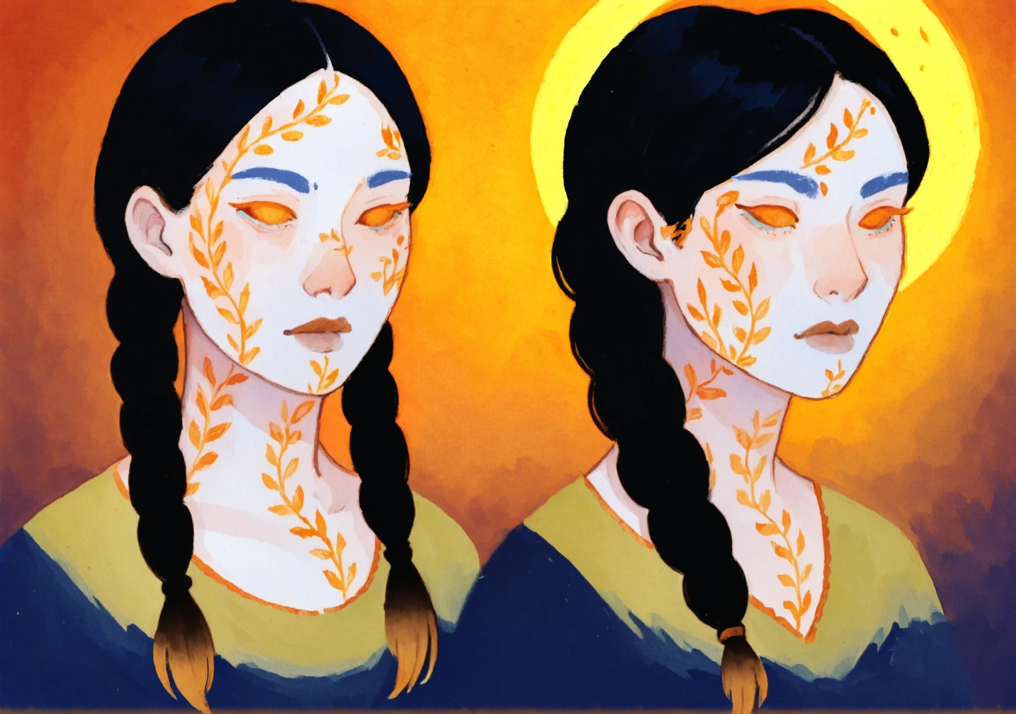 gouache portrait of 1girl, digital painting, hand-painted gouache illustration, warm orange and golden tones, smooth painterly brushstrokes, expressive eyes, bold eyebrows, flowing black hair with leaf ornaments, floral tattoo on shoulder, soft shading, matte finish, abstract gradient background with crescent moon, storybook aesthetic, masterpiece, best quality, illustrious
