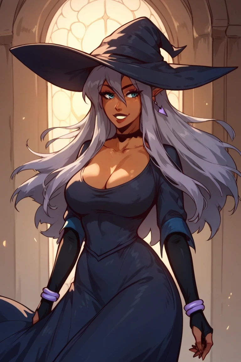 safe_pos, Score_9_up, score_8_up, score_7_up, source_anime, BREAK 1girl, solo, Rizella, dark-skinned female, long hair, hair between eyes, pointy ears, big breasts, witch hat, dress, elbow gloves, choker, earrings, bracelets, hand behind head, hand on hip,