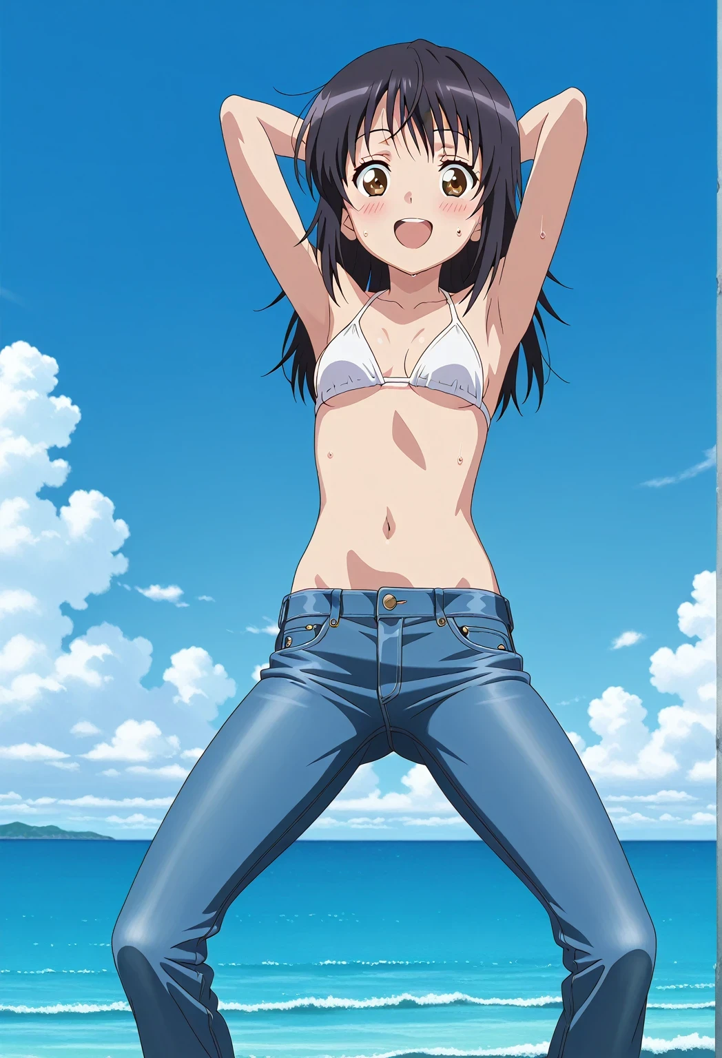score_9, score_8_up, score_7_up, source_anime, highres, hi res, ((best quality, top quality, perfect quality, Highest Quality, amazing quality)), {{masterpiece}}, {{an extremely delicate and beautiful}}, 2d, intricate details, official style, anime, 8k, anime style, official_anime, official art, digital painting, cell shading, soft shading, high resolution, soothing tones, Subdued Color, Soft cinematic light, adobe lightroom, photolab, HDR, intricately and hyper-detailed, ((high quality animation)), 1 girl, Alone, solo, ((ocean)), tsunami, on the water, day, sunny, outdoors, sky, windy, mitsuha miyamizu, black hair, brown eyes, long hair, anime screencap, small breasts, white bikini top, best quality, hyper-detailed jeans, ((blue jeans:1.9)), (dark blue jeans:0.6), full medium body, medium shot, Open mouth, smiling, happy face, blush, sweat, standing, ((arms behind head:6.0)), bowlegged, jumping pose, action, looking at viewer, spread legs, Bend knees slightly, straight-on front view