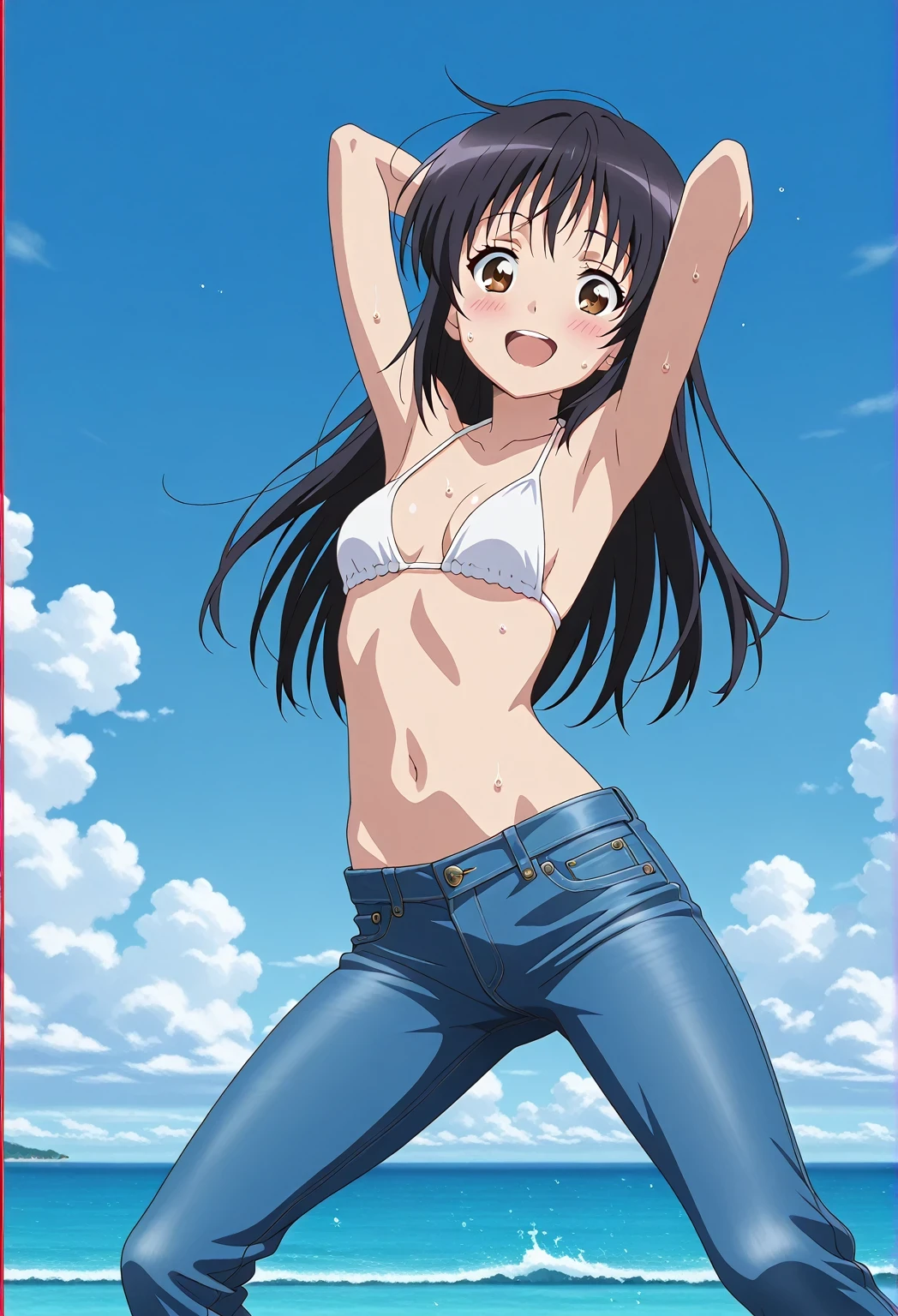score_9, score_8_up, score_7_up, source_anime, highres, hi res, ((best quality, top quality, perfect quality, Highest Quality, amazing quality)), {{masterpiece}}, {{an extremely delicate and beautiful}}, 2d, intricate details, official style, anime, 8k, anime style, official_anime, official art, digital painting, cell shading, soft shading, high resolution, soothing tones, Subdued Color, Soft cinematic light, adobe lightroom, photolab, HDR, intricately and hyper-detailed, ((high quality animation)), 1 girl, Alone, solo, ((ocean)), tsunami, on the water, day, sunny, outdoors, sky, windy, mitsuha miyamizu, black hair, brown eyes, long hair, anime screencap, small breasts, white bikini top, best quality, hyper-detailed jeans, ((blue jeans:1.9)), (dark blue jeans:0.6), full medium body, medium shot, Open mouth, smiling, happy face, blush, sweat, standing, ((arms behind head:6.0)), bowlegged, jumping pose, action, looking at viewer, spread legs, Bend knees slightly, straight-on front view