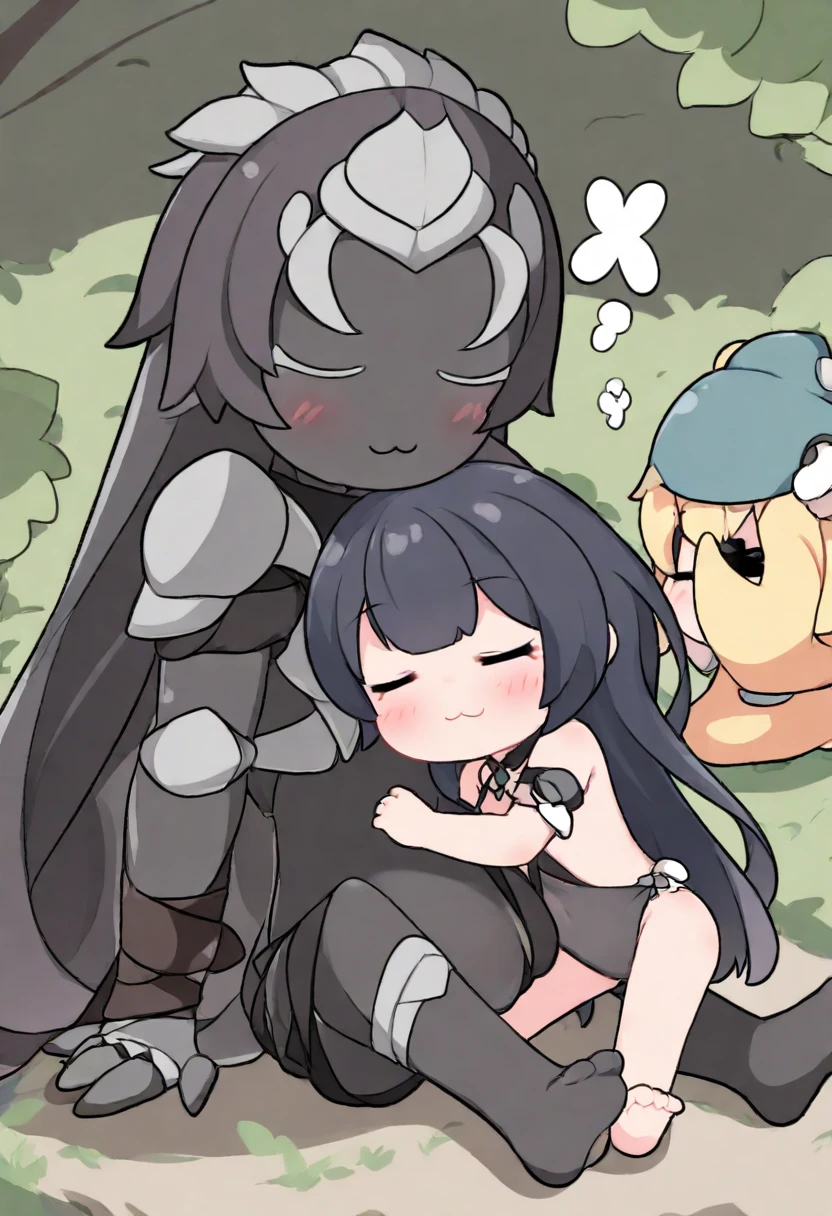 score_9, score_8_up, score_7_up, score_6_up, score_5_up, score_4_up, source_anime, rating_safe, BREAK 1girl, purple eyes, blunt bangs, very long hair, black hair, , hair ornament, torn clothes, torn dress, torn skirt, torn thighhighs, convenient censoring, embarrassed, scared, clenched teeth, tearing up, defeat, injury, bruise,  fluid, looking at viewer, facing viewer, eye focus, <lora:mitachurlXL_LoRA-C3Lier_AdamW_Dim8_Alpha8_UN-3e-4_TE-1.5e-4_10batch_ponyDiffusionV6XL_v6StartWithThisOne:1>, 1boy, mitachurl, monster, hilichurl, , top-down bottom-up, hand on another's head, grabbing another's hair,  , clothed , grass, mountainous horizon, cloud