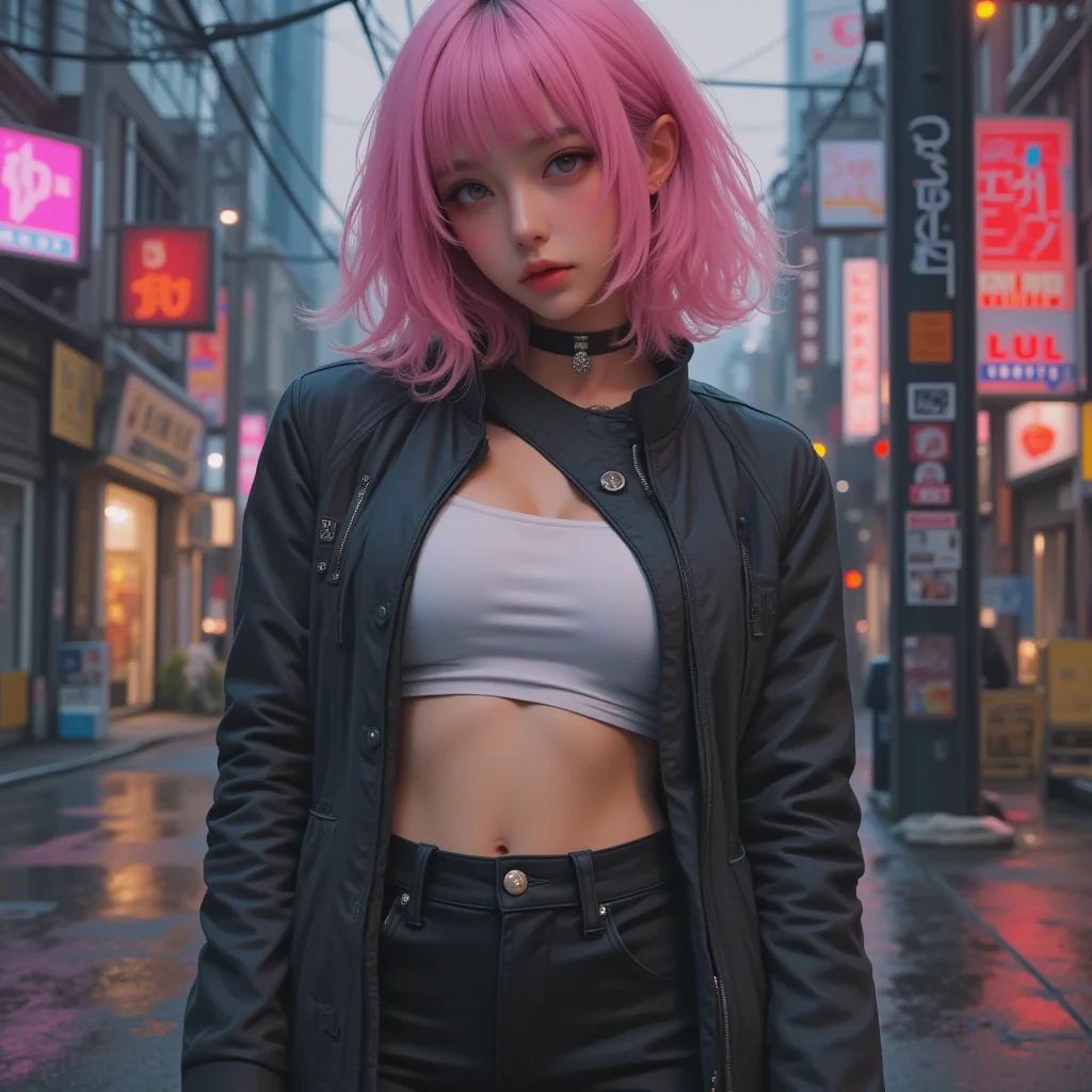Woman with pink hair and black jacket sitting on city street with traffic lights in the background、Art Germ、Anime Art、Cyberpunk Art、photorealisim、1girll、bangss、Bare shoulders、Black Choker、breastsout、bru、Brown Eyes、建筑、a choker、城市、A city scape、croptop、jewely、Looking at Viewer、makeups、Midrif、a navel、a necklace、pinkhair、short-hair、side tie 、Sitting、skirt by the、skyscraper、独奏、Tank tops