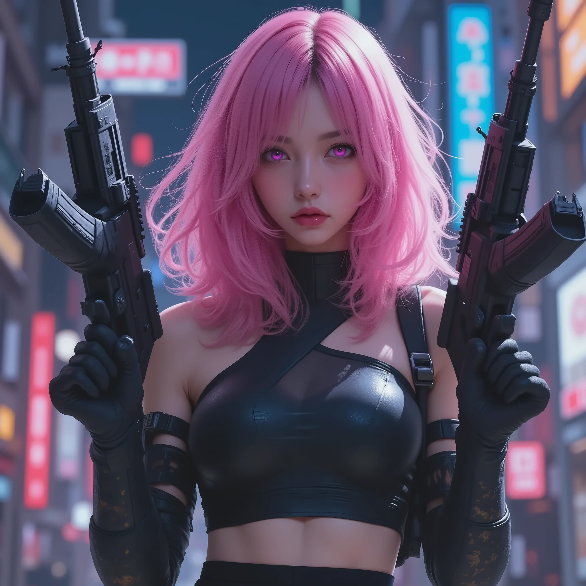 Photo Real、Realistic Skin Texture、tight cyberpunk fashion、Fluffy Shoulder-Length Hair、dim cyberpunk city、beautiful pink eyes、pink hair、Assault Rifles that can handle 2 at the same time