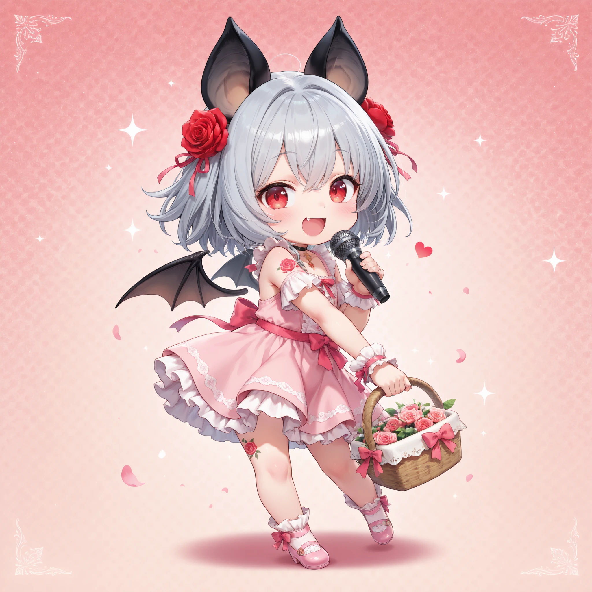 chibi, mesugaki, only、(1 person:1.4)、2.5 heads tall、at the diva with a tattoo、 bat girl 、black bat ears、is open with bat wings on its back、red eyes、gray hair、(short hair in a hand basket)、Concealed Hair、Microphone in hand、Smile Yan、pink dress、Rose Tattoo、Karaoke Box、masterpiece、Highest Quality、Ultra Detailed 、anime style、