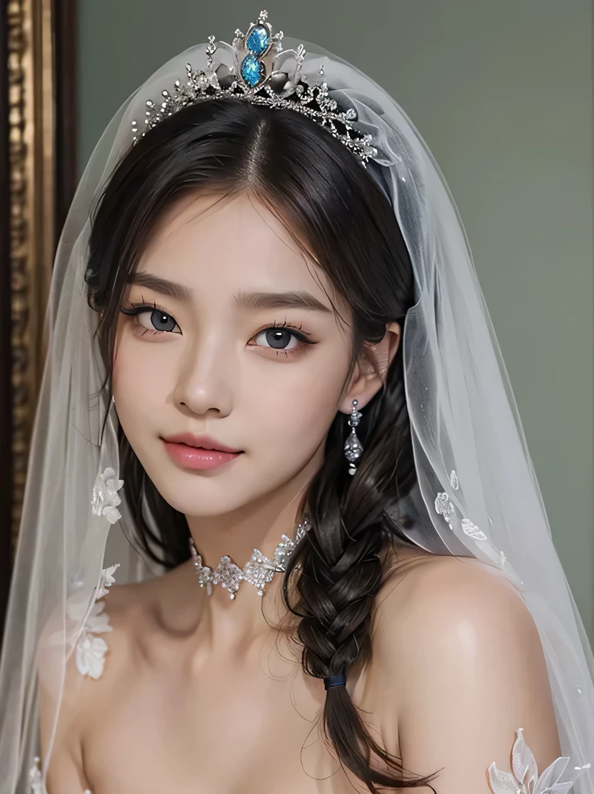 ((masterpiece、Highest Quality、very detailed、high resolution、photo realistic、 Clear Focus))、Original photo、Cinematic Lighting、natural texture、Rich color 、Portrait of a stunningly beautiful woman、cowboy shot from above、Focus from chest up 、brown eyes、Smile、viewers who focus on the vagina、 CHINYON HAIRSTYLE 、short black hair with waist、clean skin、 burst chest、off-shoulder white wedding dress、silk veil、silver tiara、necklaces、earrings、in a luxurious palace room、detailed facial descriptions、detailed drawing of hands、wedding dress