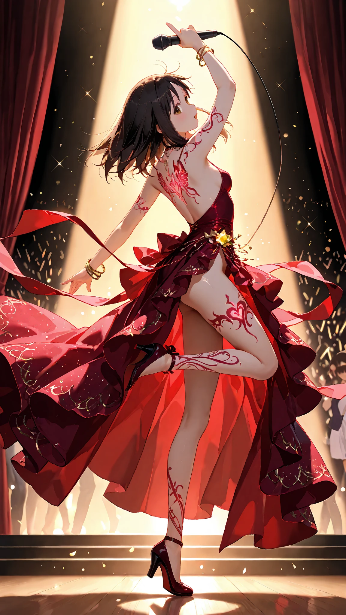 (masterpiece, best quality), 1girl, Brown Low Braided Ponytail with Ribbon Tie, raging, angry snow, full moon,  sfw,   <lora:wrenchsweettail:1> wrenchsweettail, striped dress, off shoulder, jewelry, ribbon, candy cane, ((long dress, white stockings, white yoga pants,))