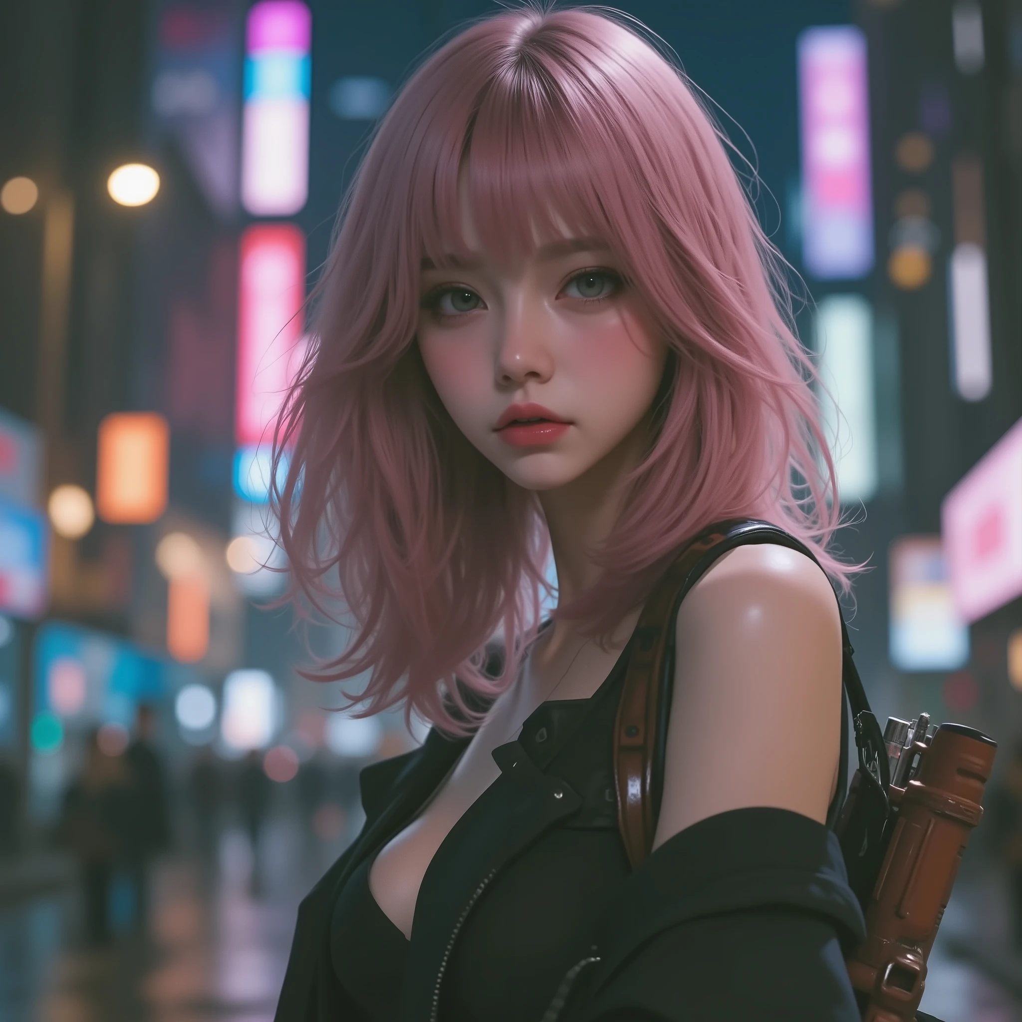 Photo Real、Realistic Skin Texture、tight cyberpunk fashion、Fluffy Shoulder-Length Hair、dim cyberpunk city、beautiful pink eyes、pink hair、Bazooka