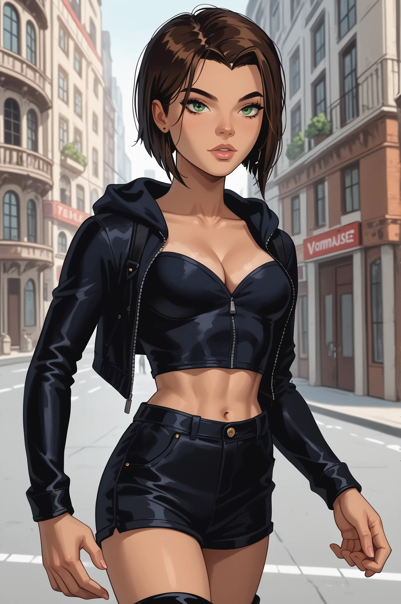 1girl, Raven,lana, 1girl, green eyes, brown hair, tomboy hair, short hair, pixie cut hairstyle, breasts, (dark skin), thigh boots,

Score 9, Score 8, Score 7, Score 6, Masterpiece.

solo, feminine, ((sexy)), cleavage, slim, slim waist, toned, revealing, casual outfit,

(dynamic pose), 