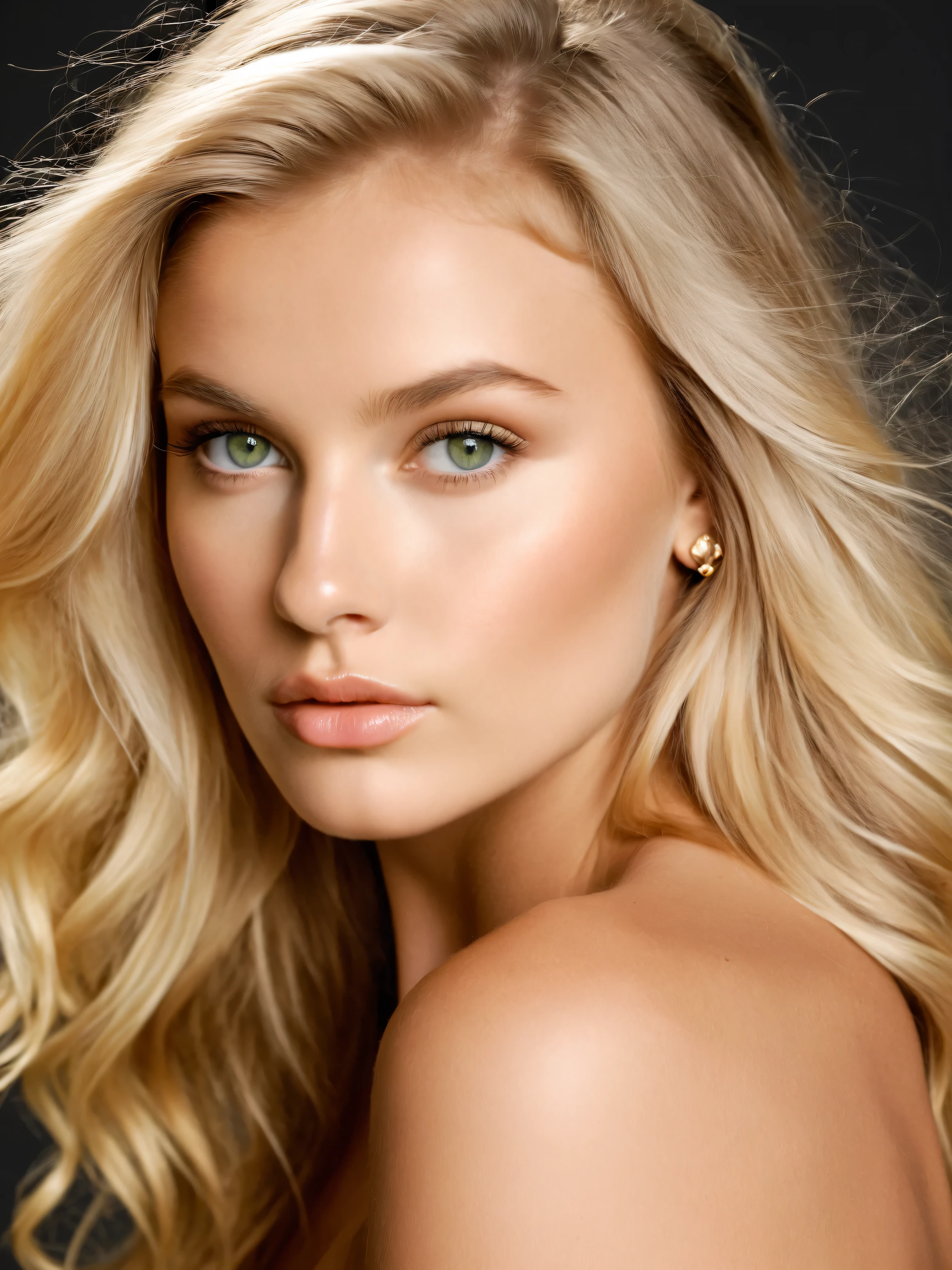 A stunning blonde model with long, sun-kissed hair that falls in soft waves, piercing green eyes that look realistic and alive, and glowing golden-toned skin. Her features are elegant yet approachable, with high cheekbones, full lips, and a naturally confident aura. She has a toned, feminine physique that photographs beautifully in both natural light and dramatic studio setups. Her expression ranges from sultry and commanding to soft and intimate, always with eyes that captivate and draw the viewer in.
