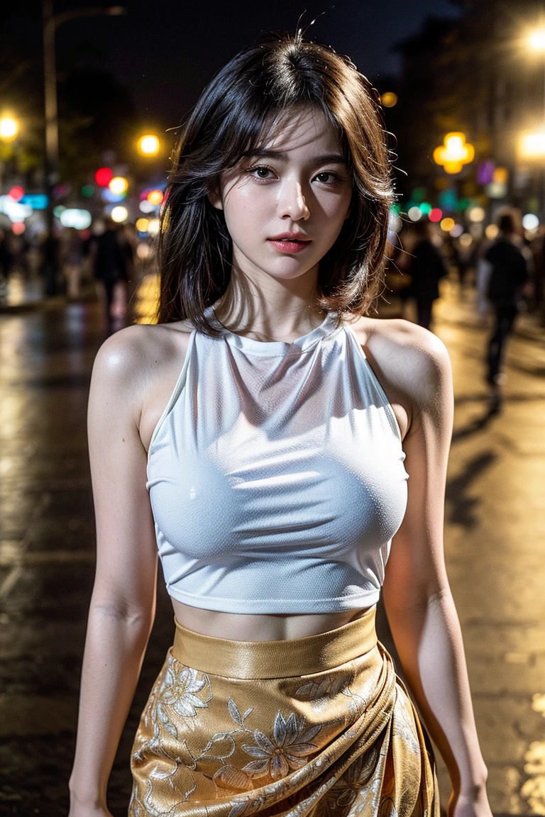 masterpiece,best quality,ultra detailed,highres,high-resolution,4k,realistic,RAW photo,((real person)),portrait photography,photorealistic,detailed skin,(delicate black eyes ), A soothing woman with sagging eyes,Calm and calm, middle hair,skinny,clothing,The wind is blowing,tareme、Standing on the edge of a rooftop of a skyscraper, a woman resembling a goddess, draped in a scarf covering her chest and intimate area.