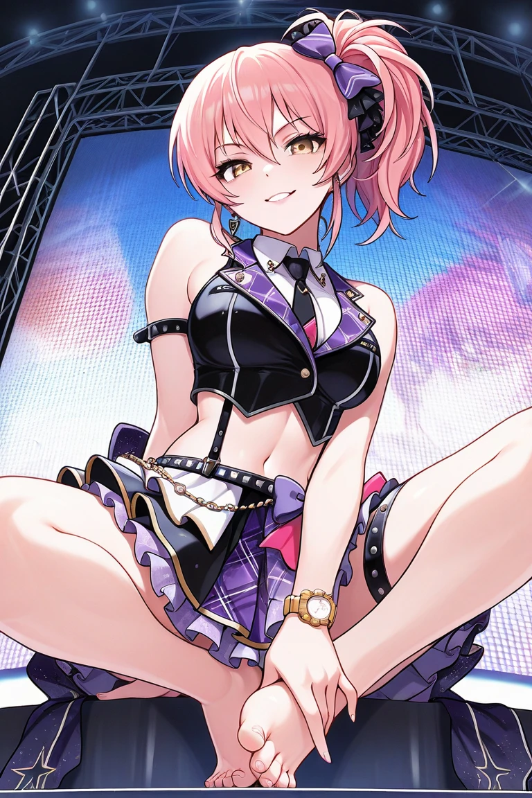 High quality、16 km race、anime screen capture、(((NSFW)))、(((bukkake)))、Lori、low length、(((smaller breasts)))、(obesity)、(thick thighs)、(Pink hair)、(((Wavy Hair)))、Ahoge、(Barrette)、 (short hair)、bob cut、(dripping sweat)、:o、(((wavy mouth)))、(Mouth wide open)、((Orange eyes))、white sleeveless shirt、Pink ribbon、yellow ruffle mini skirt、light blue striped knee socks、Light blue striped panties、yellow headphones、big ass、(cat pose)、(((((embarrassing)))))、Hands behind the head、both armpits、idol costume、on the light up stage、sitting on the floor、legs spread、