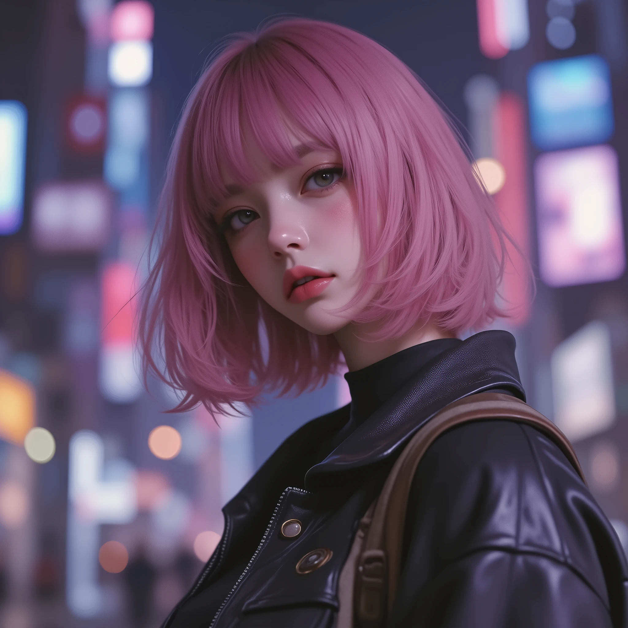 Photo Real、Realistic Skin Texture、tight cyberpunk fashion、Fluffy Shoulder-Length Hair、dim cyberpunk city、beautiful pink eyes、pink hair、Bazooka