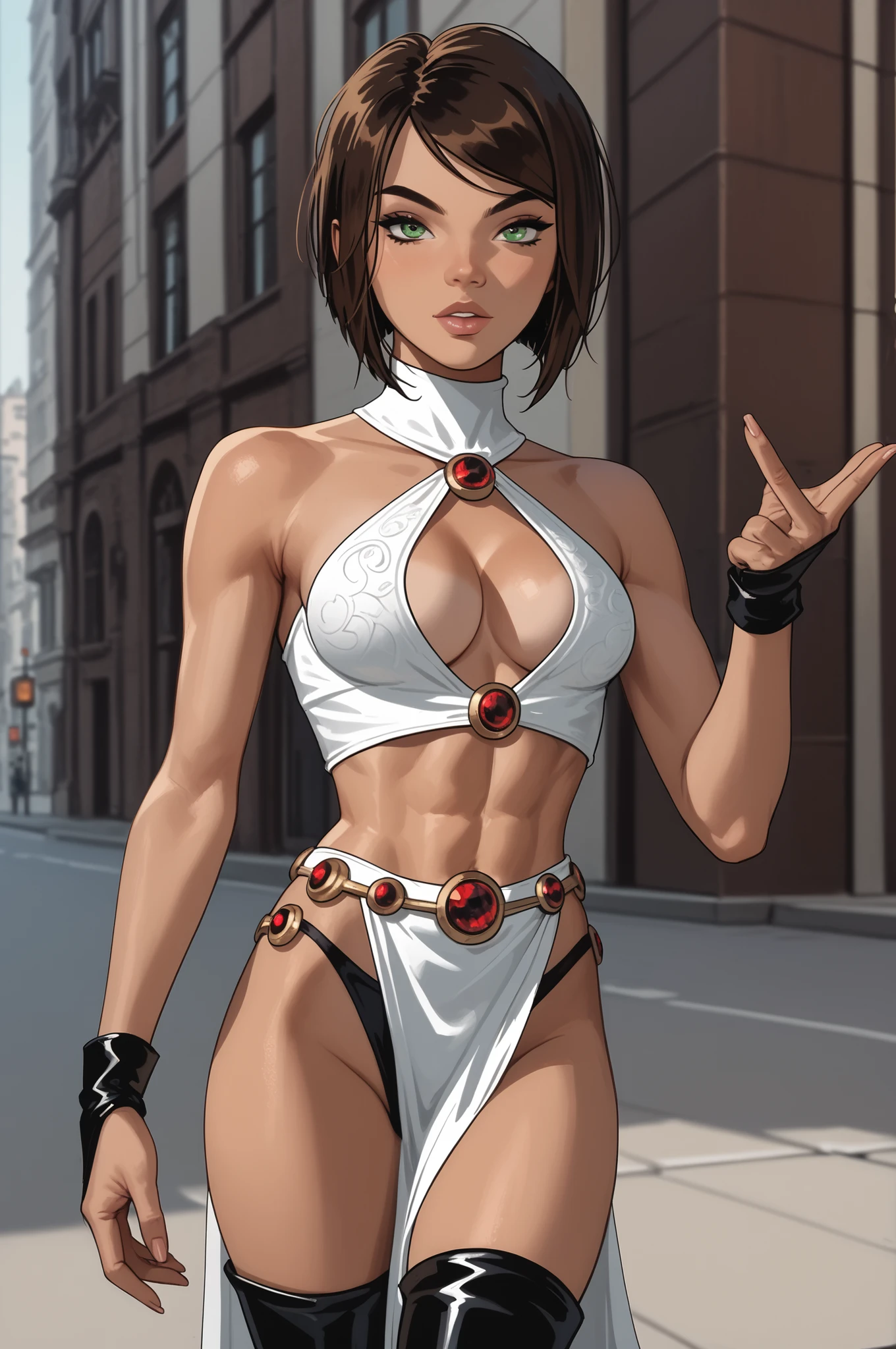 1girl, Raven,lana, 1girl, green eyes, brown hair, tomboy hair, short hair, pixie cut hairstyle, breasts, (dark skin), thigh boots,

Score 9, Score 8, Score 7, Score 6, Masterpiece.

solo, feminine, ((sexy)), cleavage, slim, slim waist, toned, revealing, thong, micro outfit, pelvic curtain,

(dynamic pose), 