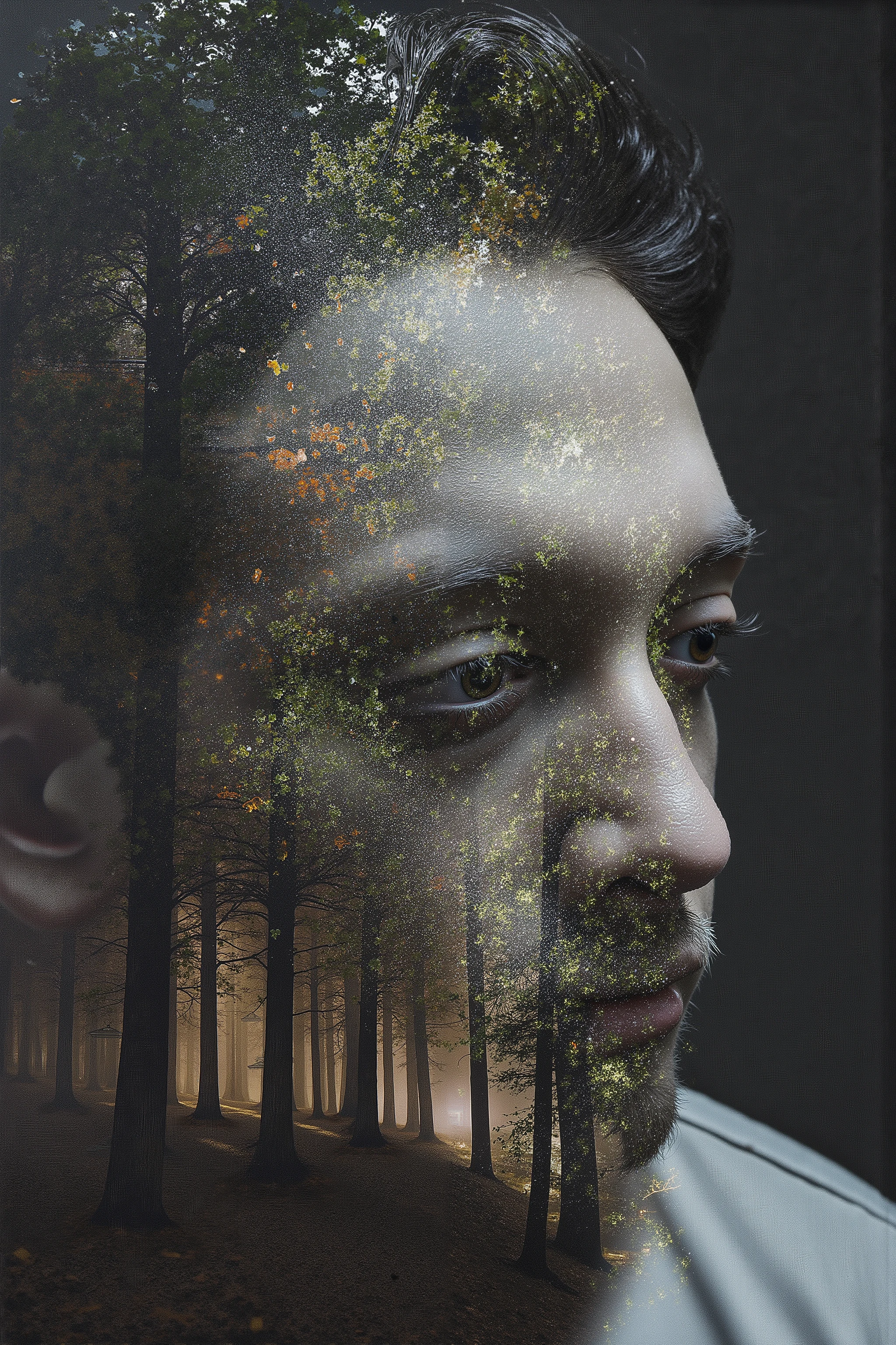 Masterpiece Photorealistic double exposure in the style of Jerry Welsman: the silhouette of a man with a high mohawk decisively opens the floors of his long cloak with both hands right in front of the viewer, demonstratively revealing his essence. Three distinct dimensions appear inside his body: in the chest area - a surreal forest with hovering glowing jellyfish among trees with neuron roots; in the abdomen area - a futuristic city of neon geometric shapes with digital data streams; at the bottom - deep space with nebulae and forming stars. The figure stands on a wet street of a modern night metropolis, drenched in pouring rain; drops create a complex play of reflections and refractions of neon signs in numerous puddles. The man's face is partially hidden by shadow, but the eyes piercingly look straight at the viewer with an expression of challenge and vulnerability at the same time. Highly detailed textures of wet skin, leather raincoat, raindrops and urban surfaces. Dramatic contrasting lighting in the technique of cinematic neo-noir, the effect of wet asphalt enhances the depth of the composition. 8K, ultra-detailed texture, an atmosphere of intimate self-revelation and a challenge to society at the same time Ultra fine, 8K resolution, High-quality double exposure