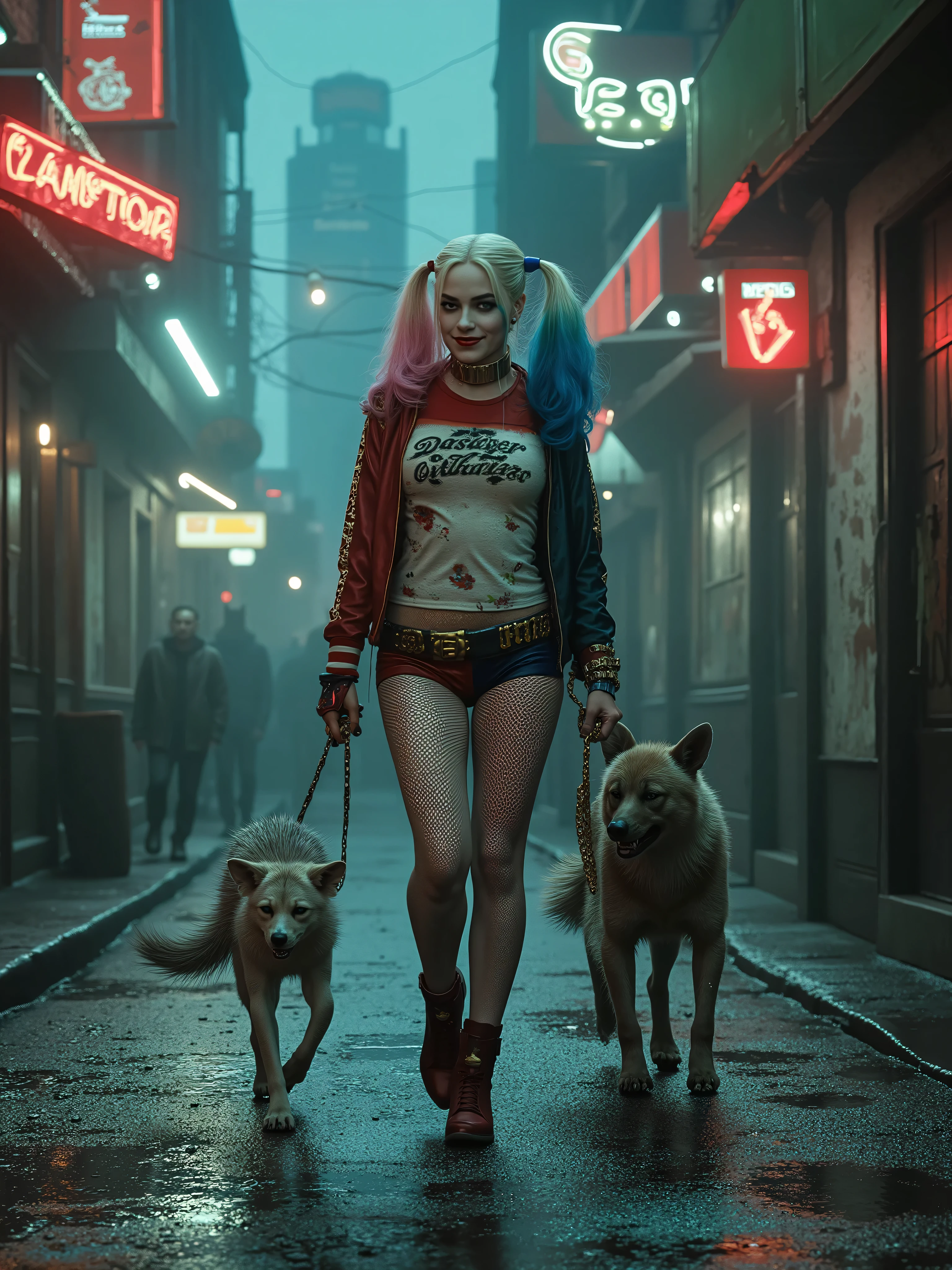 Harley Quinn walking around Gotham with her pet hyena 