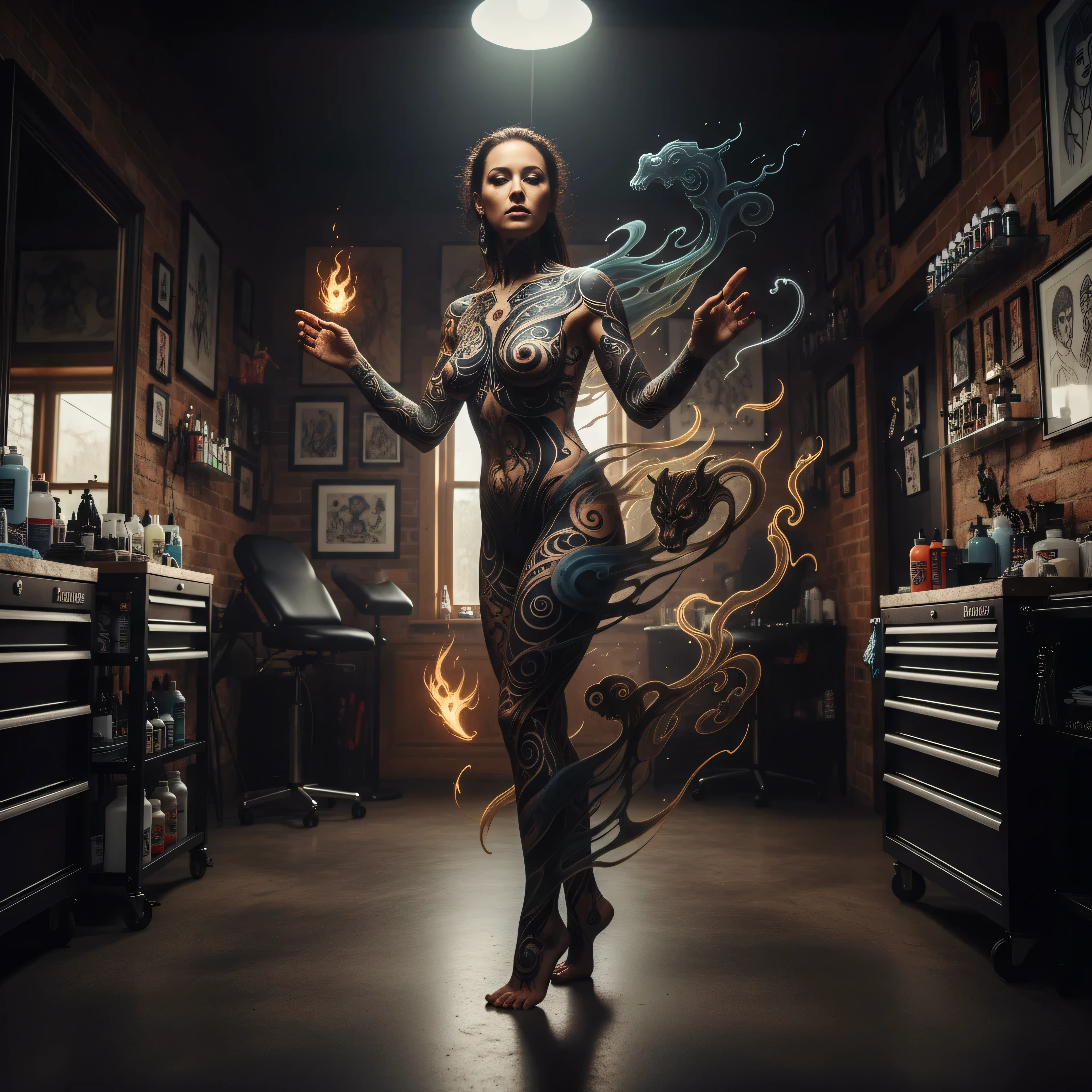 A girl with her body covered in artistic tattoos, tattoos seem to come to life projecting as shadows and figures that gently detach from her skin, realistic environment in a professional tattoo studio, dramatic light with balanced glows, detailed scenography with tattoo tools and decorations, cinematic atmosphere, ultra high quality, impeccable artistic style, balanced composition, masterpiece, uncensored, excellent definition, synchrony of colors and contrasts, focus on the fusion between human body and living art, strong and expressive character, mystical and professional feeling, perfect lighting, hyperrealistic and elegant details