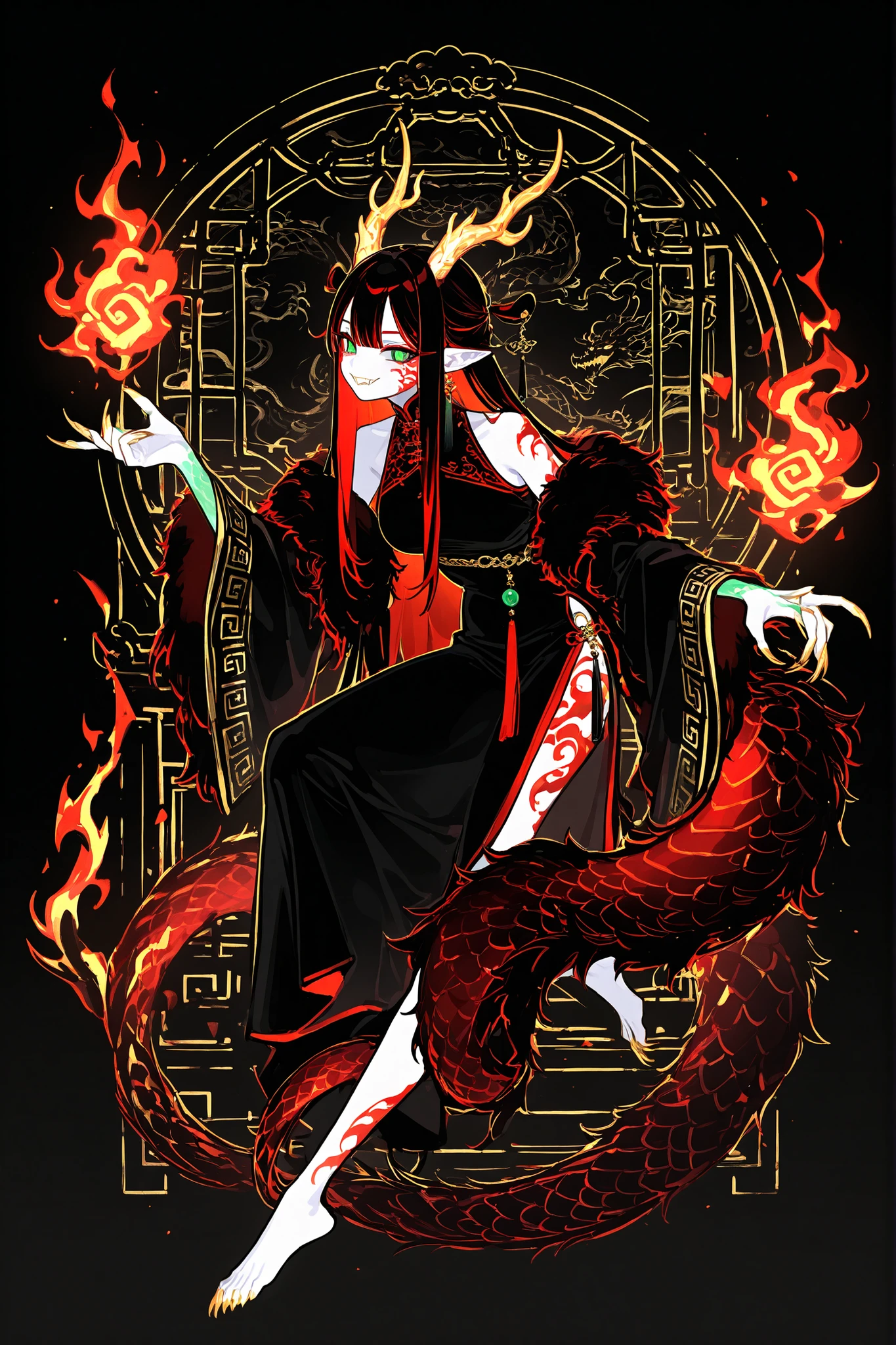 (xxx667_illu,dragon_hybrid,) Girl is golden-red dragon Lúng ,she is hybrid of Eastern dragon. She has a sporty feminine bodybuilding. Her face has asian features. She has green jade narrow eyes. She has a pale skin covered with golden-red scales. Her scaly dragon paws has long golden crescent-shaped claws. She has gold fire tattoos on her face.  Her lips red, she has a gold sharp fangs. She has eyebrows with long tassels. She has jet-black straight hair with red highlights, high traditional Chinese hairstyle.  She has four golden branched dragon horns. She has long pointy red fluffy dragon ears. She has a  immensely long mighty scaly  red dragon tail with black mane along the spine and black fluffy tassel on tip of her tail.  She's wearing a black Chinese traditional robe-dress. She she's barefoot. (On the background: Chinese temple.)