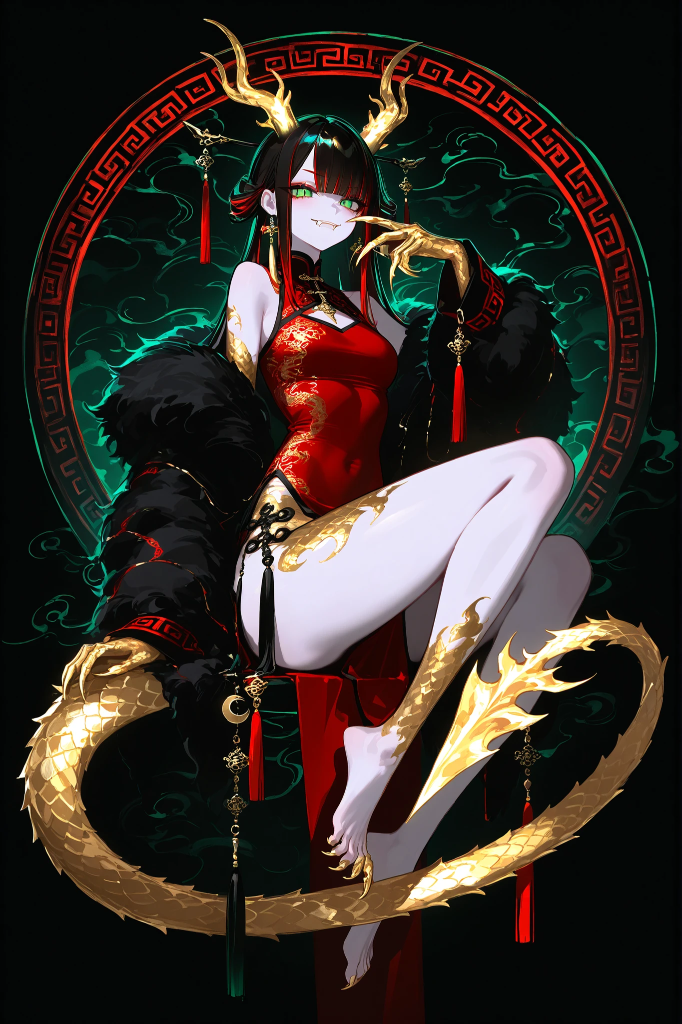 (xxx667_illu,dragon_hybrid,) Girl is golden-red dragon Lúng ,she is hybrid of Eastern dragon. She has a sporty feminine bodybuilding. Her face has asian features. She has green jade narrow eyes. She has a pale skin covered with golden-red scales. Her scaly dragon paws has long golden crescent-shaped claws. She has gold fire tattoos on her face. Her lips red, she has a gold sharp fangs. She has eyebrows with long tassels. She has jet-black straight hair with red highlights, high traditional Chinese hairstyle. She has four golden branched dragon horns. She has long pointy red fluffy dragon ears. She has a immensely long mighty scaly red dragon tail with black mane along the spine and black fluffy tassel on tip of her tail. She's wearing a black Chinese traditional robe-dress. She she's barefoot. (On the background: Chinese temple.)