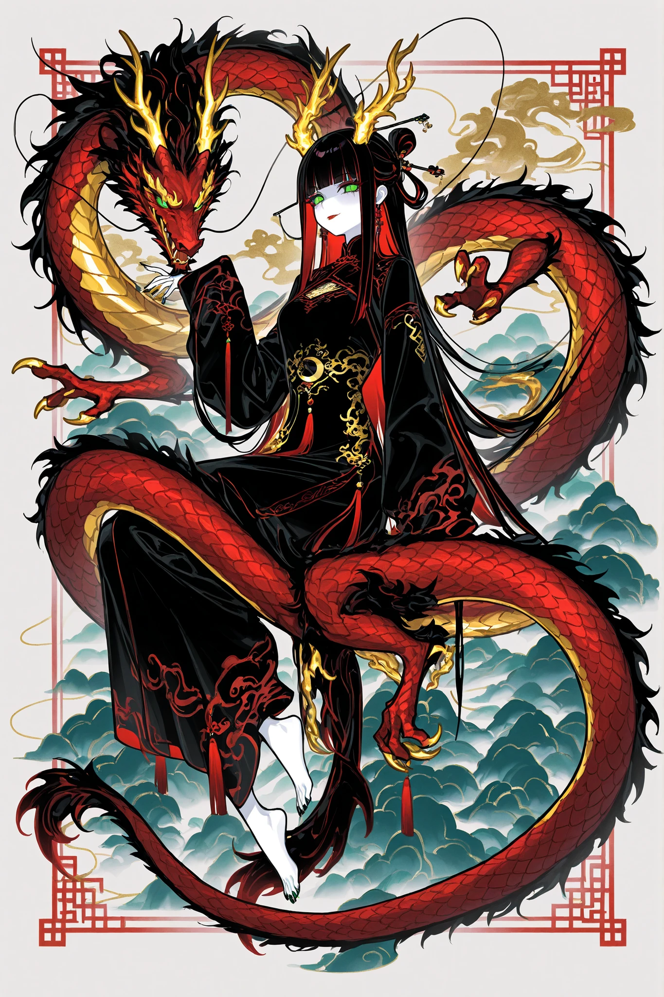 (xxx667_illu,Lung-Easter-Dragon-IL-V1.0, Dragon, Eastern Dragon,) Girl is golden-red dragon Lúng ,she is hybrid of Eastern dragon. She has a sporty feminine bodybuilding. Her face has asian features. She has green jade narrow eyes. She has a pale skin covered with golden-red scales. Her scaly dragon paws has long golden crescent-shaped claws. She has gold fire tattoos on her face. Her lips red, she has a gold sharp fangs. She has eyebrows with long tassels. She has jet-black straight hair with red highlights, high traditional Chinese hairstyle. She has four golden branched dragon horns. She has long pointy red fluffy dragon ears. She has a immensely long mighty scaly red dragon tail with black mane along the spine and black fluffy tassel on tip of her tail. She's wearing a black Chinese traditional robe-dress. She she's barefoot. (On the background: Chinese temple.)