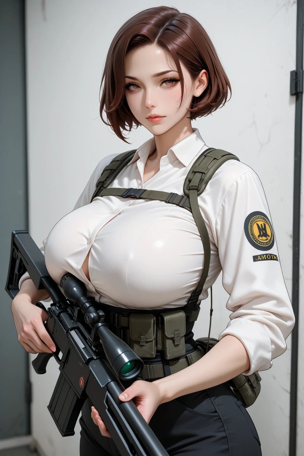 ((,,large 、Beautiful 、toppless,shinny skin:1.5),((​masterpiece、top-quality、realisitic、ultra-detailliert、hight resolution、Photorealsitic、foco nítido))、Stunning portrait of a beautiful woman、bustshot、Focus from the  up、sad Facial expression、With an oval face and symmetrical facial structure、Soft skin、pale white skin、Mouth closed、Blood on the face、sad Facial expression、Beautiful detailed eyes、Soldier's hairstyle、short cropped hairstyles、Camouflage helmet、Beautiful detailed eyes、Army camouflage uniform、Camouflage Tactical Vest、Long trousers with camouflage pattern、Combat gloves、rucksack、Black Military Undershirt、Tanks on the background、White smoke、Detailed hand depiction,(( are visible))