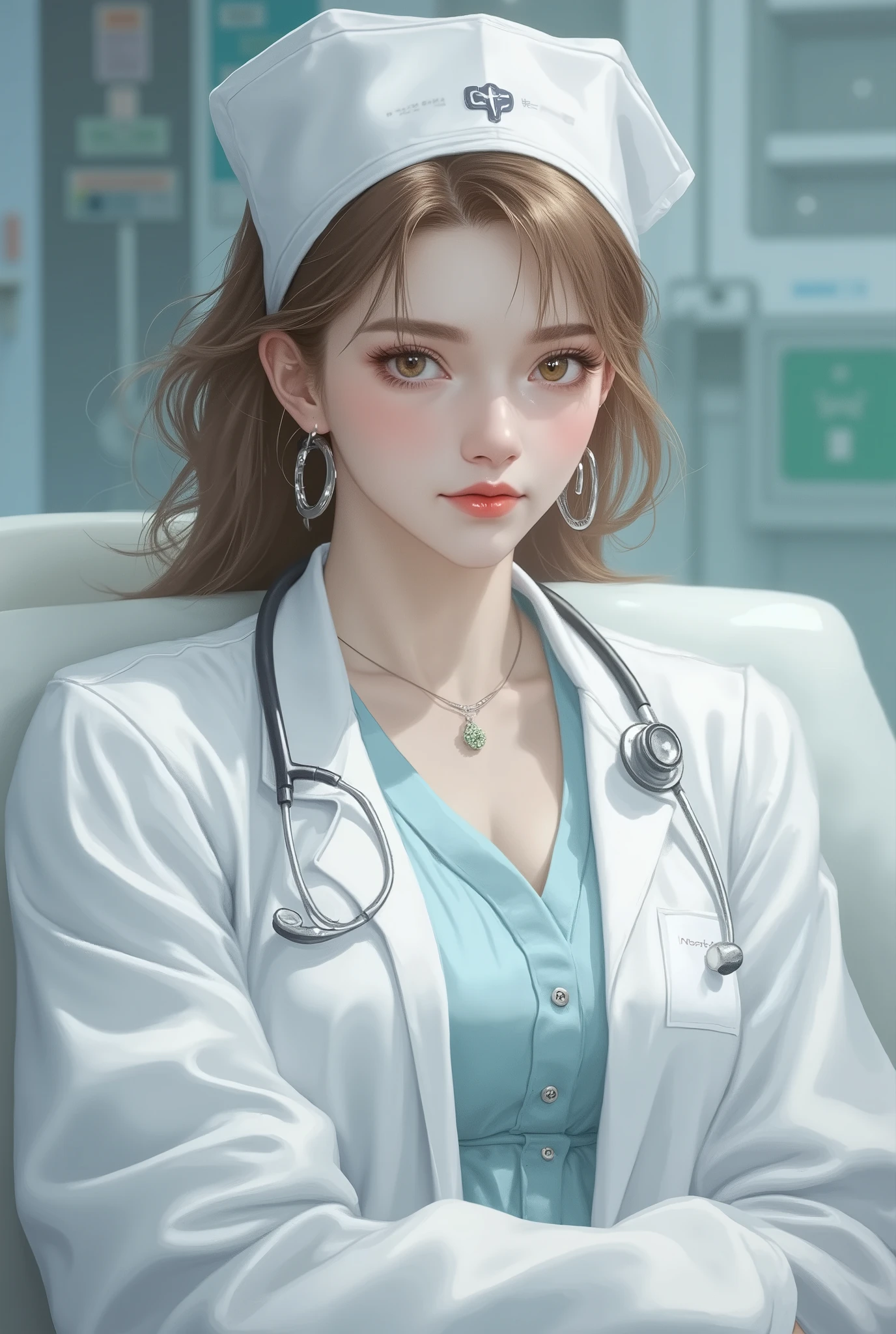 (Masterpiece, Highest Quality: 1.1)
Hospital, examination room, mature doctor in white doctor's coat, female doctor
{Brown hair, brown eyes, large breasts: 1.5, oily skin, saggy breasts: 1.3}
Nurse's cap, stethoscope: 1.2
High angle,